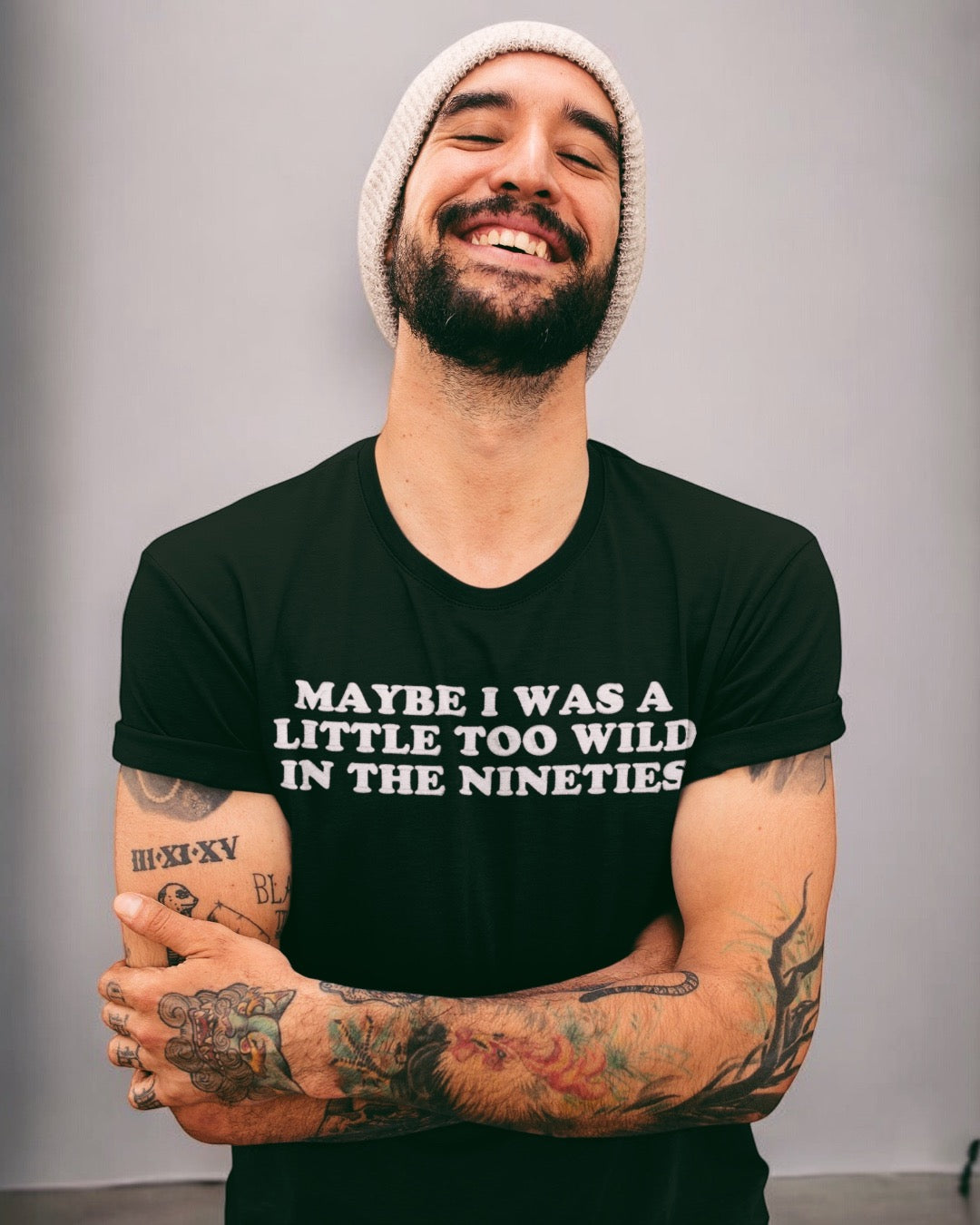 'MAYBE I WAS A LITTLE TOO WILD IN THE NINETIES' embroidered premium organic classic men's crew neck 'Rocker' t-shirt