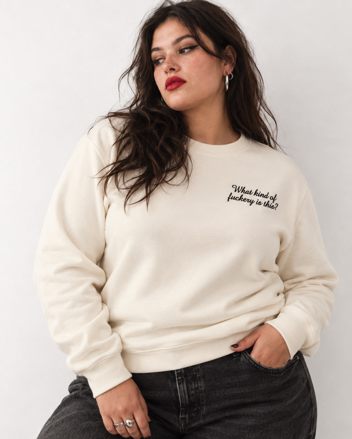 Women's 'WHAT KIND OF F CKERY IS THIS?' left chest embroidered premium organic cotton 'Matcher' sweatshirt - EXTENDED SIZING