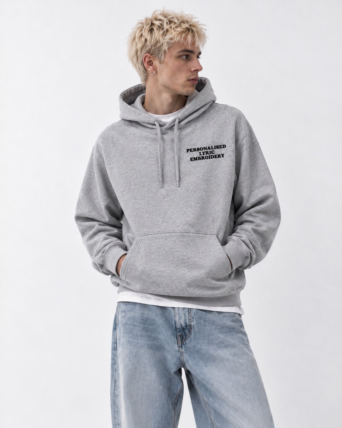 Men's Personalised Lyric Left Chest Embroidered premium organic unisex iconic 'Drummer' hoodie