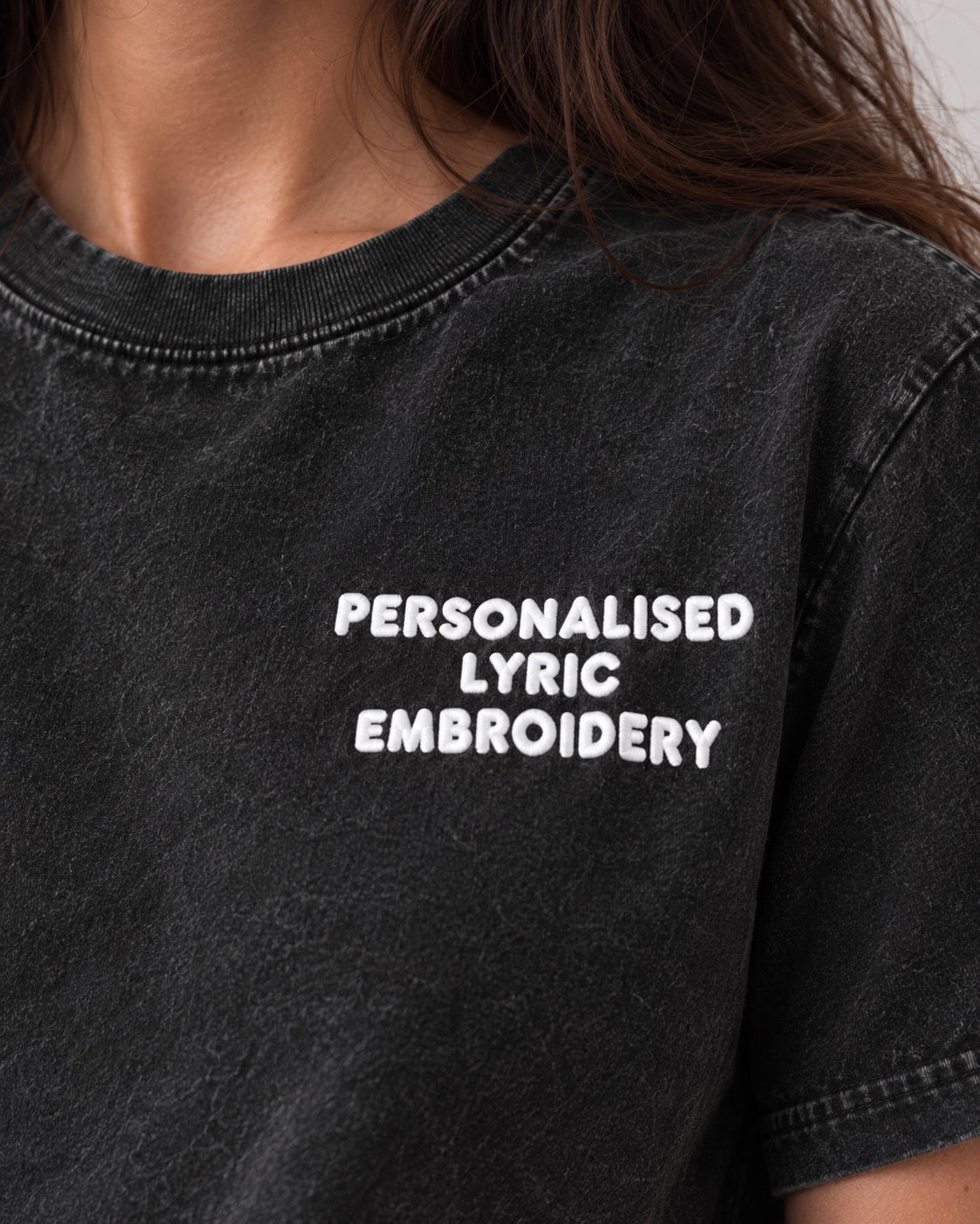 Women's Personalised Lyric Left Chest Embroidered premium organic garment dyed 'Creator Vintage' t-shirt