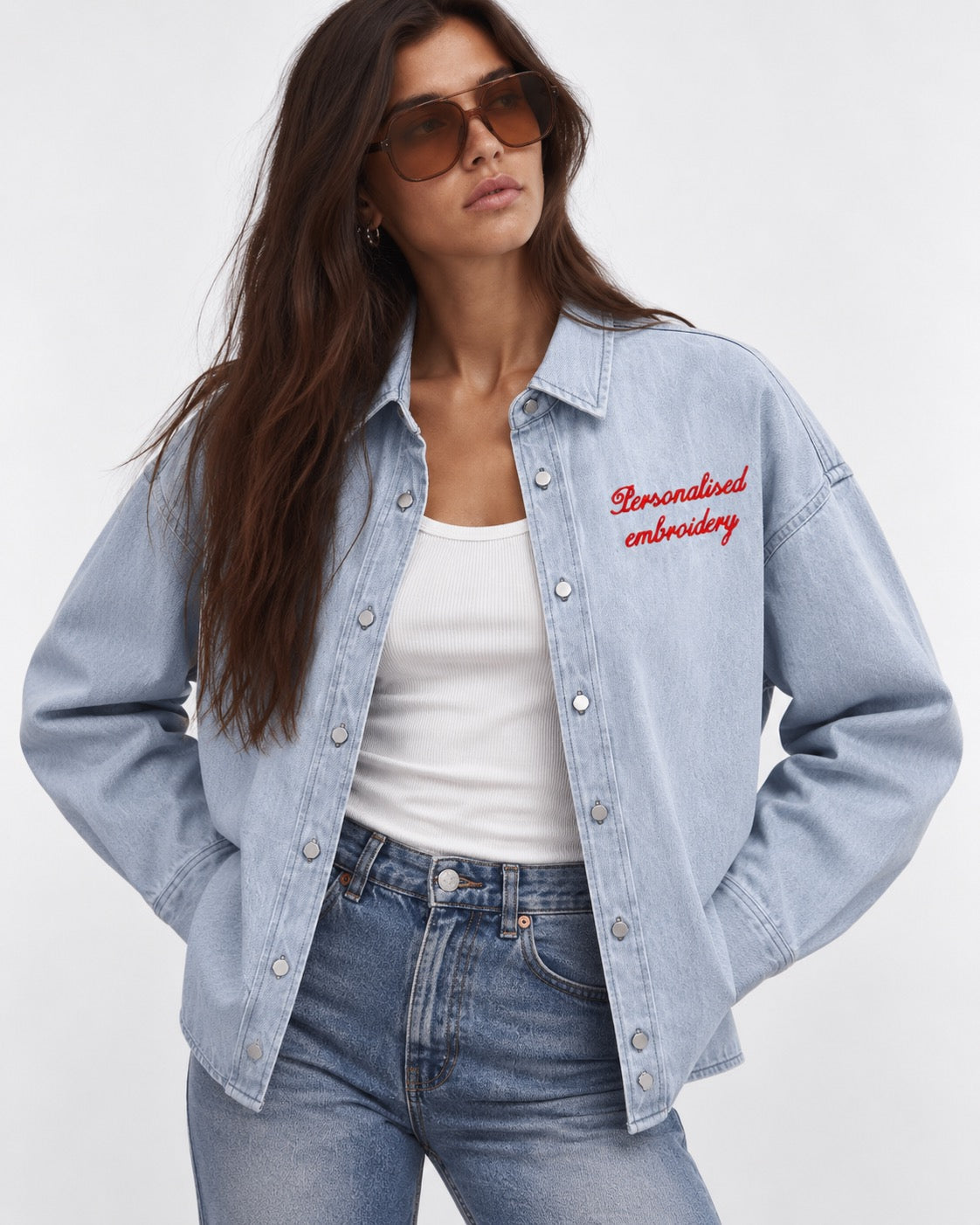 NEW Women's Personalised Left Chest Embroidered Oversized Women's Denim 'Ember' Overshirt - choose your own words, font, thread colour