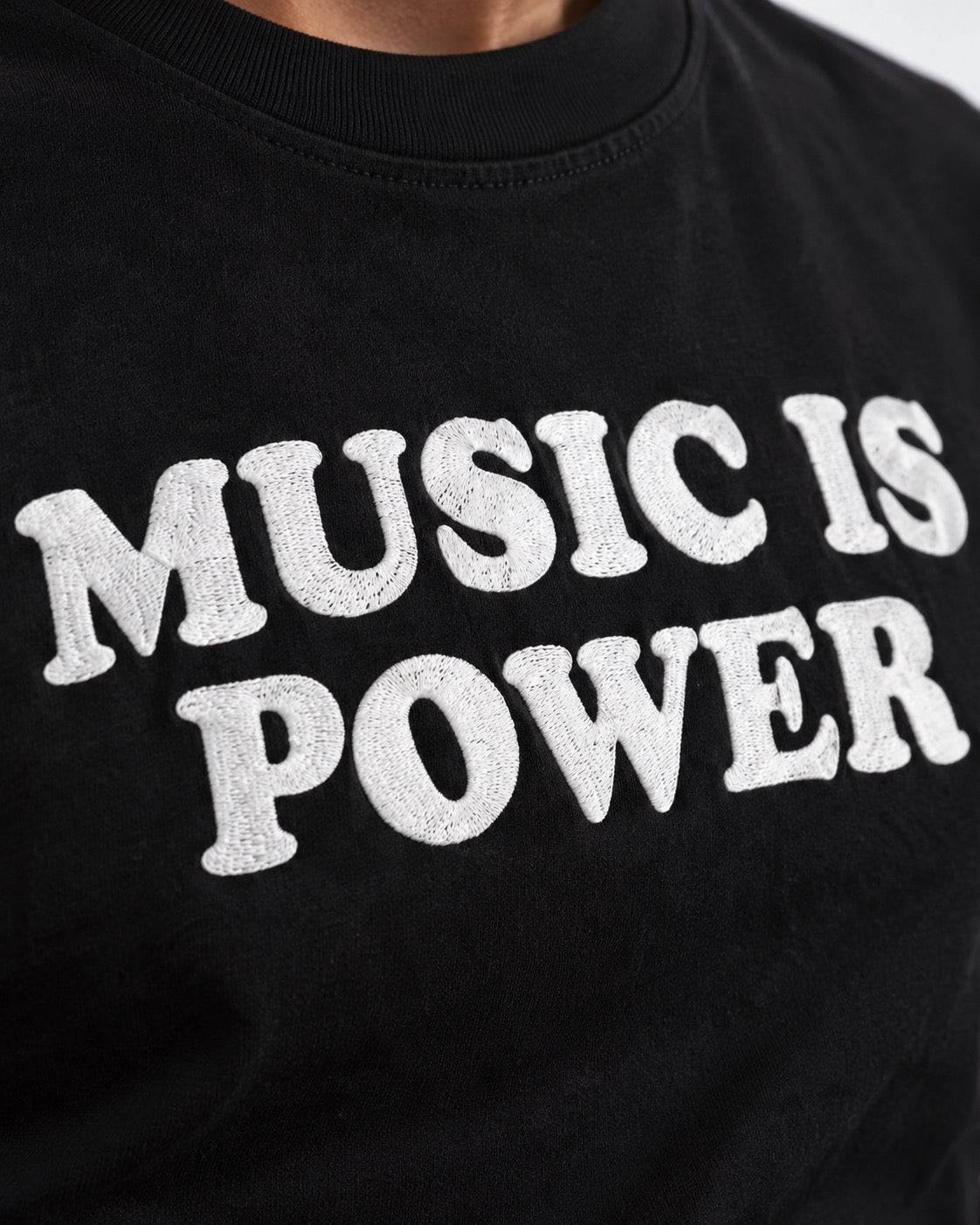 Men's 'MUSIC IS POWER' embroidered premium organic iconic classic crew neck 'Rocker' t-shirt