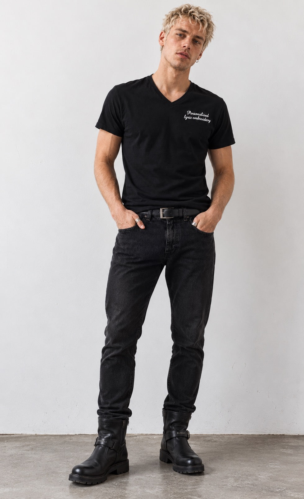 Men's Personalised Lyric Left Chest Embroidered premium organic iconic v-neck 90s 'Presenter' t-shirt