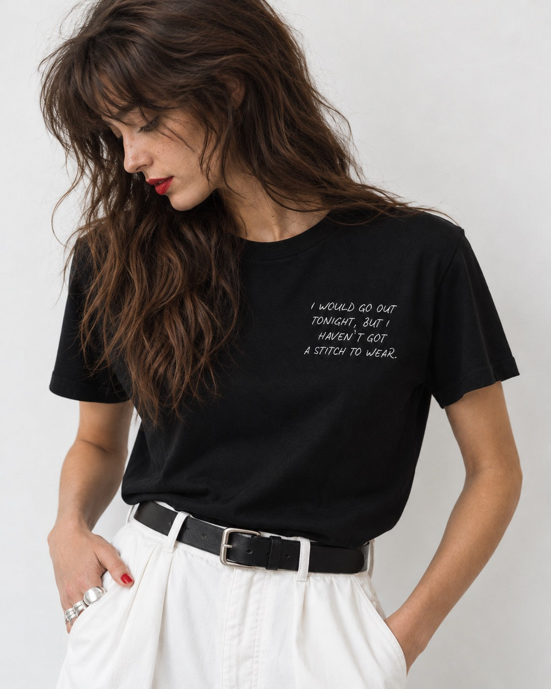 'I WOULD GO OUT TONIGHT, BUT I HAVEN'T GOT A STITCH TO WEAR' women's left chest embroidered premium organic medium fit 'Muser' t-shirt