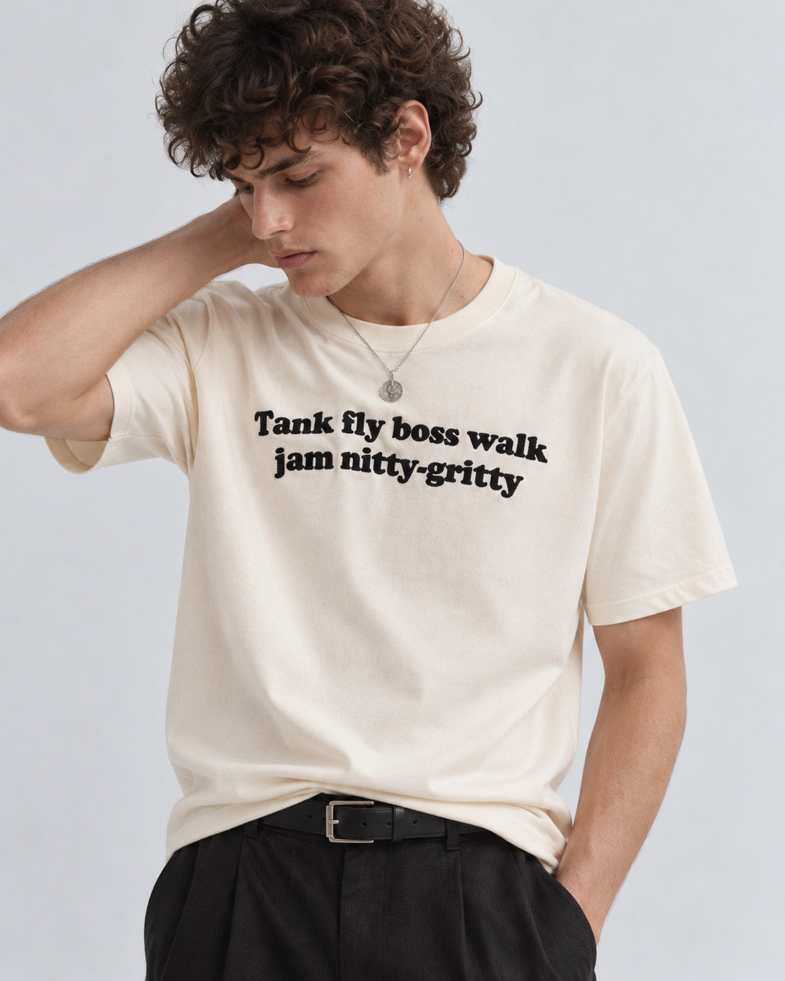 Men's 'TANK FLY BOSS WALK JAM NITTY-GRITTY' embroidered organic cotton 'Creator' t-shirt - inspired by Beats International