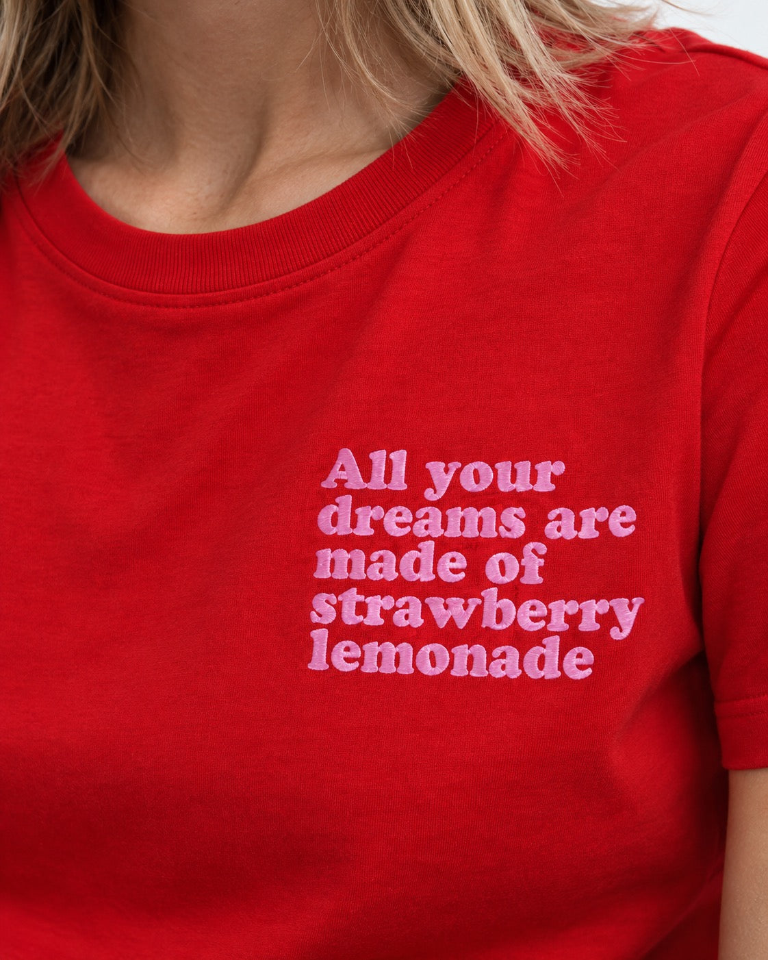 'ALL YOUR DREAMS ARE MADE OF STRAWBERRY LEMONADE' left chest embroidered premium organic iconic mid-light women's 'serena' t-shirt - inspired by Oasis
