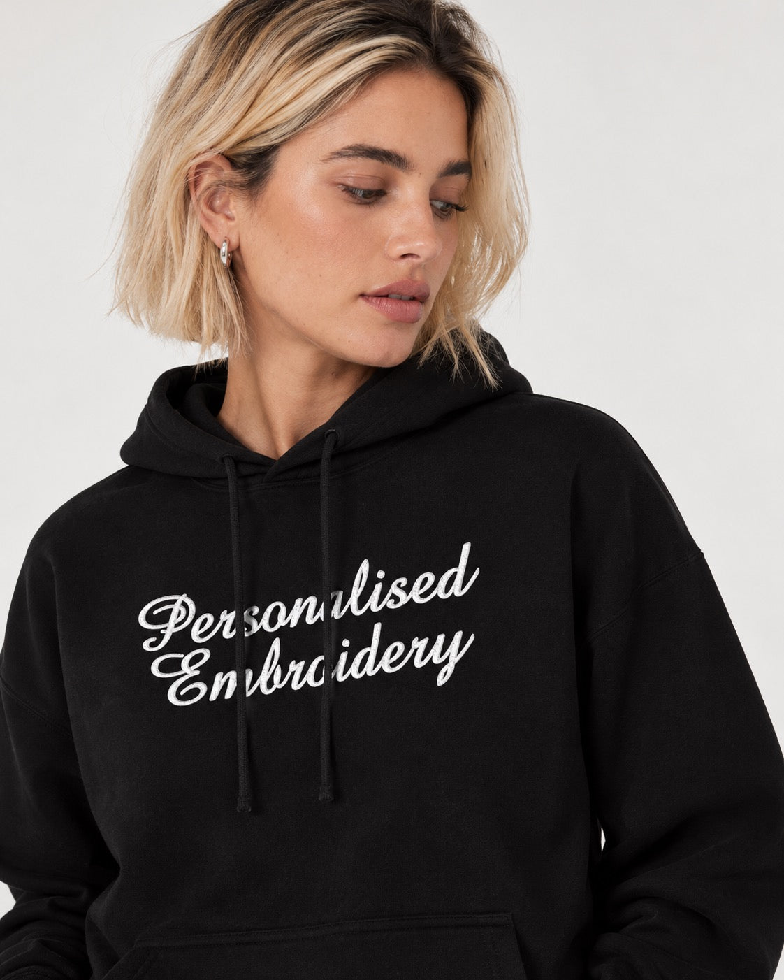 Personalised Lyric Centre Chest Embroidered premium organic women's drop shoulder 'Nora' hoodie - choose your own lyrics, font and thread colour