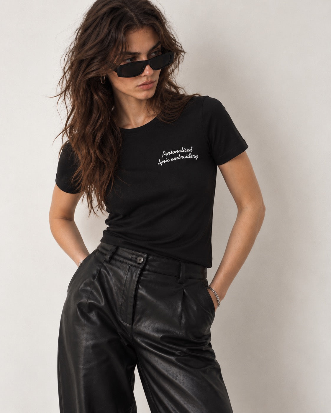 Personalised Lyric Left Chest Embroidered premium organic iconic women's fitted 'Expresser' t-shirt - choose your own lyrics, font and thread colour