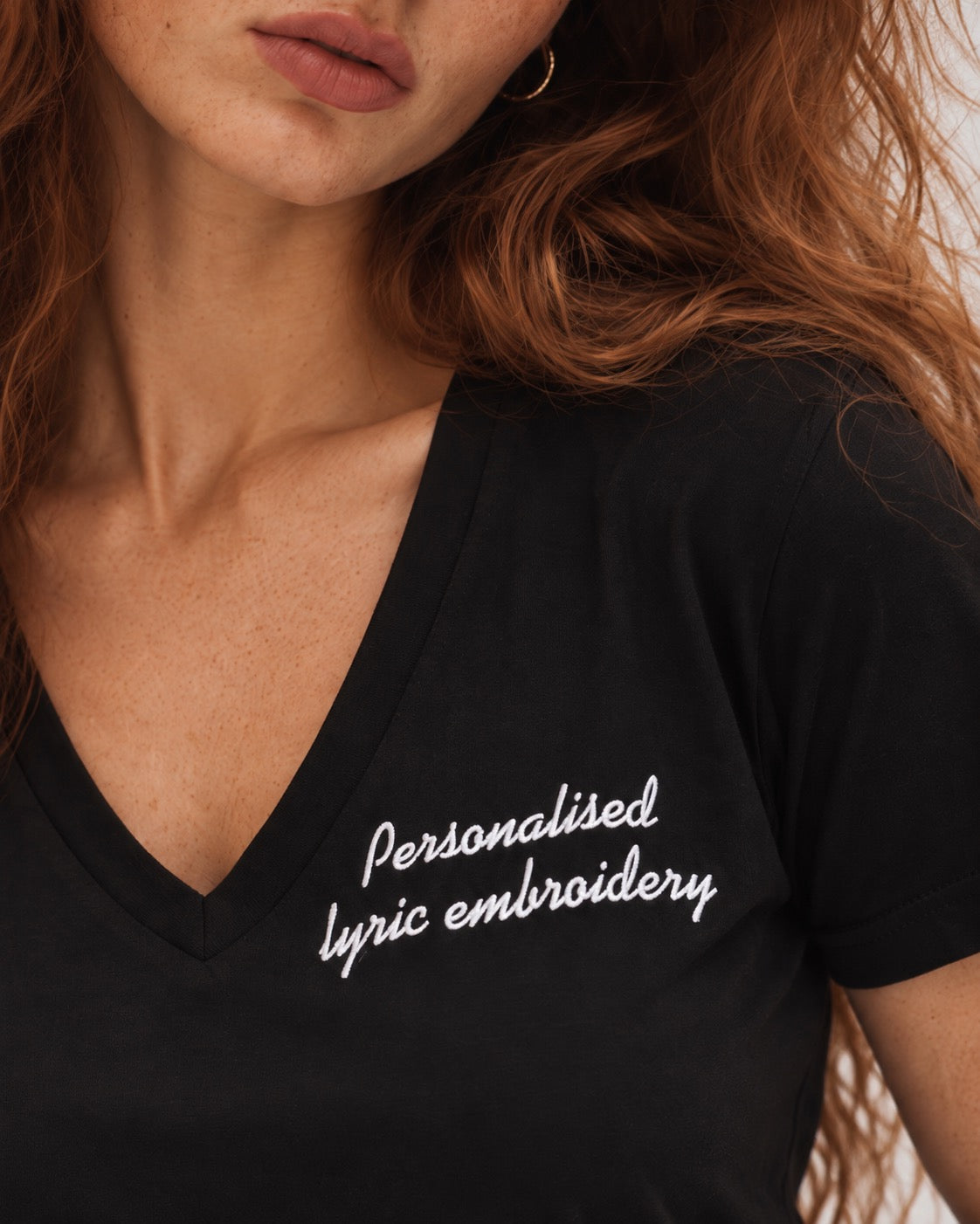 Personalised Lyric Left Chest Embroidered premium organic iconic women's v-neck 'Isla' t-shirt - choose your own lyrics, font and thread colour