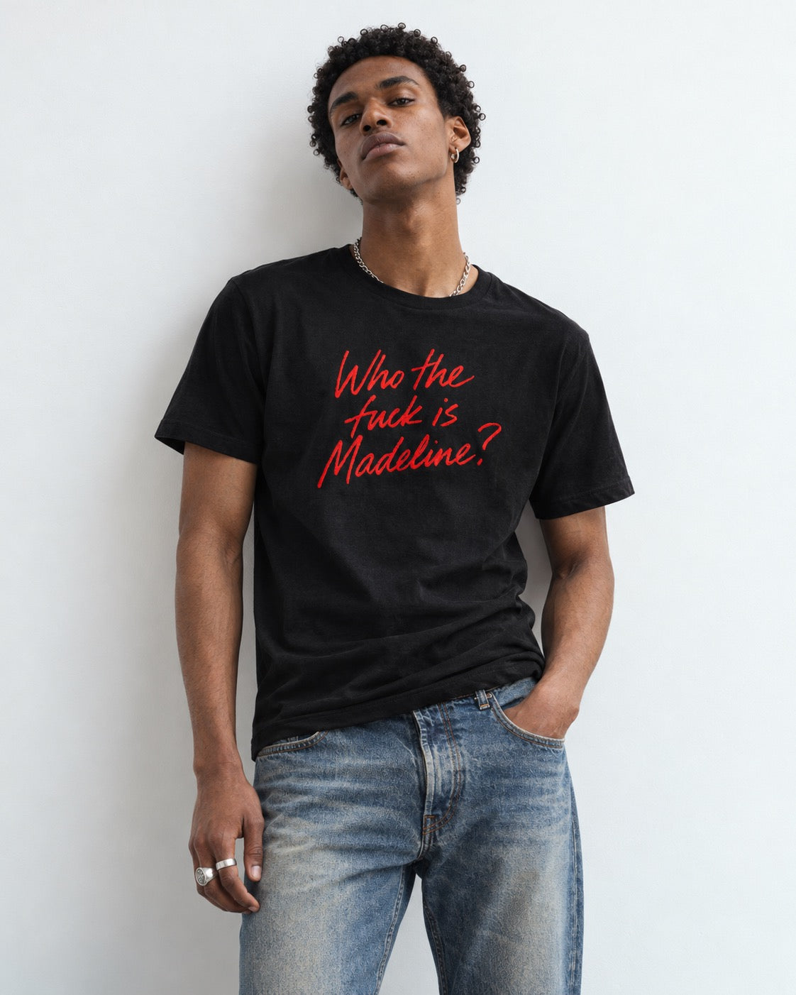 Men’s ‘WHO THE F CK IS MADELINE?' lipstick scrawl embroidered premium organic 'Creator' t-shirt