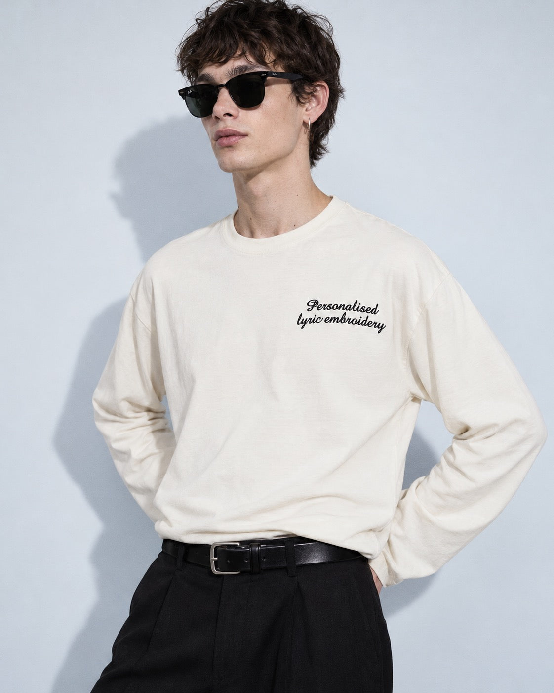 Personalised Lyric Left Chest Embroidered premium organic iconic unisex 'Long Sleeve Creator 2.0' t-shirt - choose your own lyrics, font and thread colour
