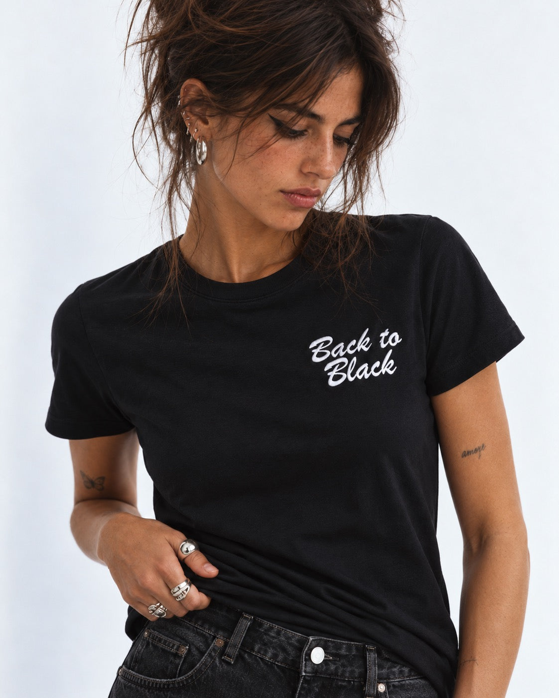 Women's 'BACK TO BLACK' left chest embroidered premium organic medium fit 'Muser' t-shirt