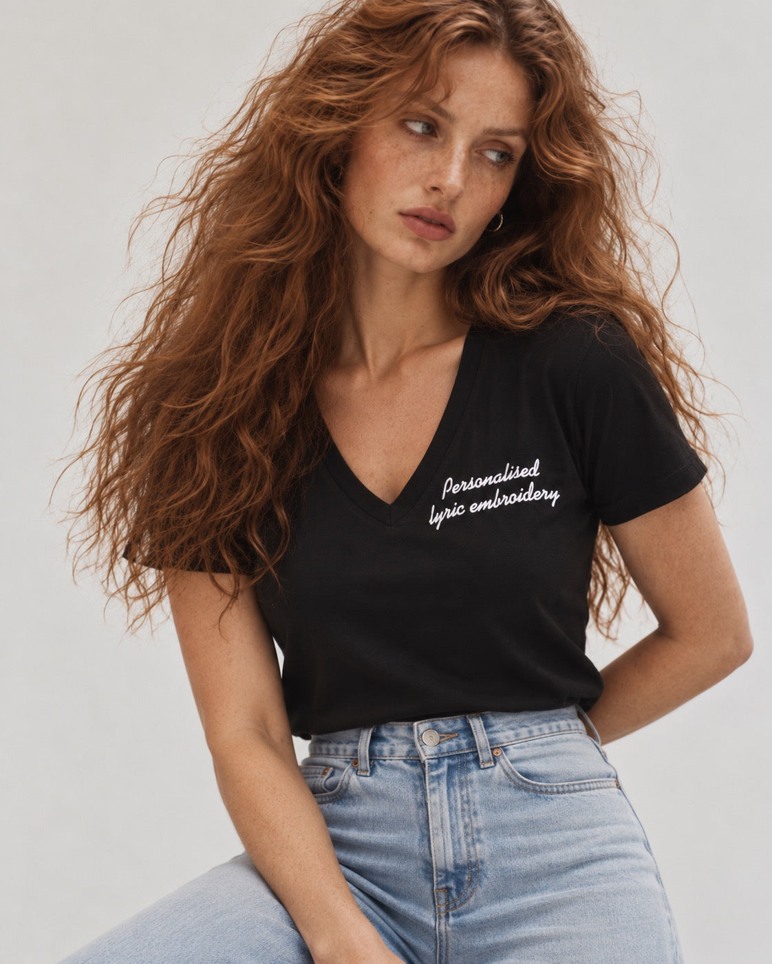 Personalised Lyric Left Chest Embroidered premium organic iconic women's v-neck 'Isla' t-shirt - choose your own lyrics, font and thread colour