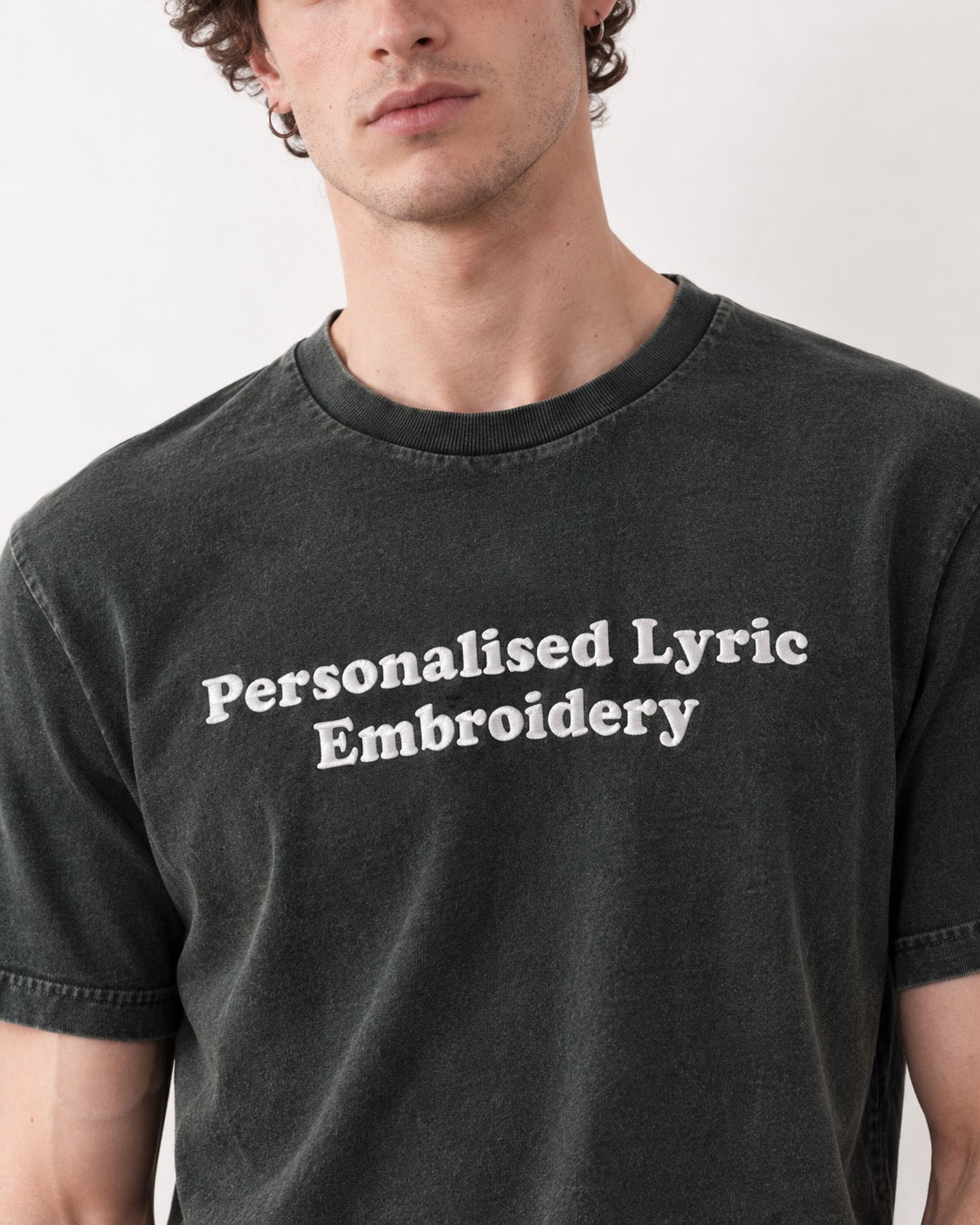 Men's Personalised Lyric Centre Chest Embroidered premium organic garment dyed 'Creator Vintage' t-shirt