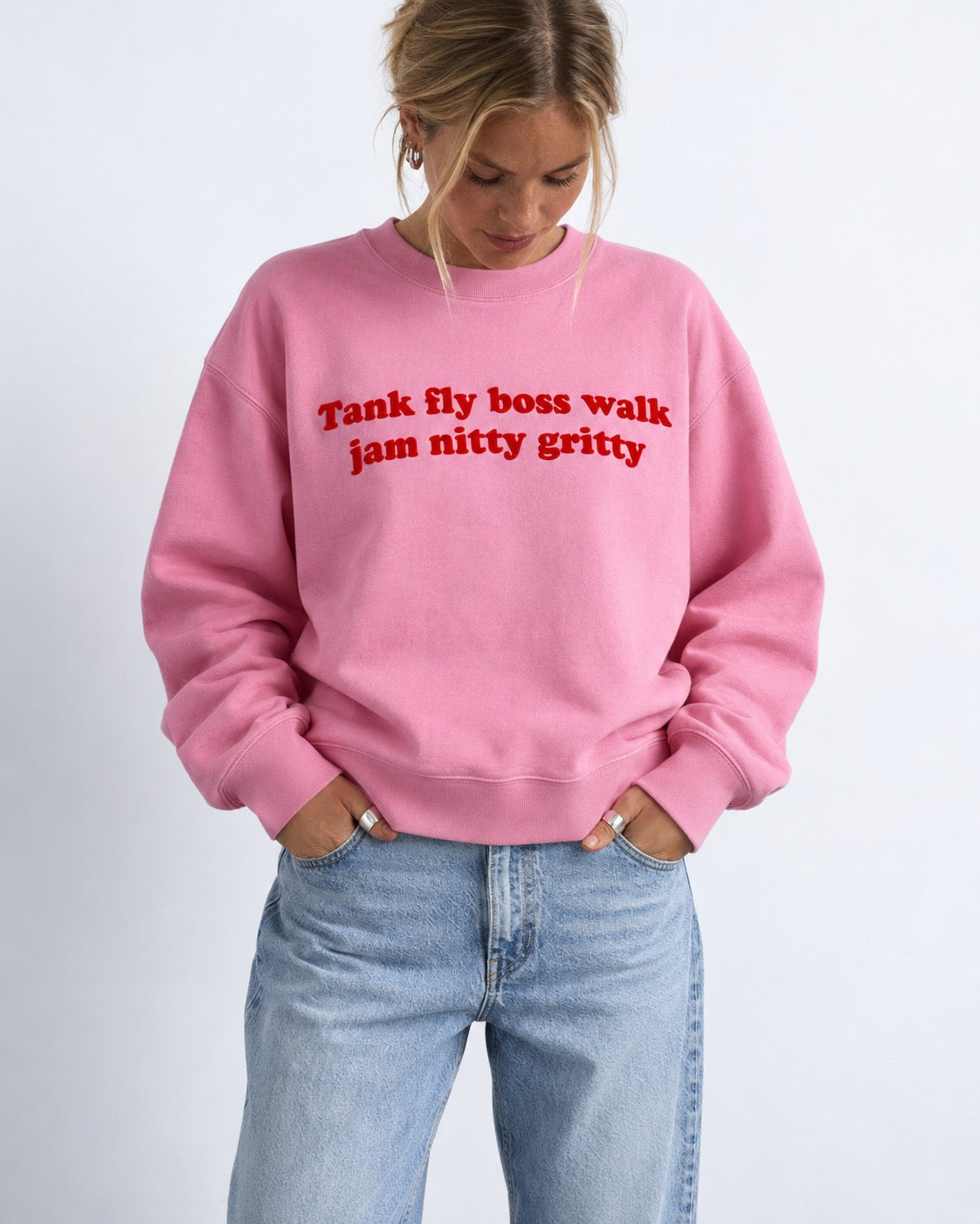 'TANK FLY BOSS WALK JAM NITTY GRITTY' 1990's style embroidered organic women's dropped shoulder 'Alma' sweatshirt