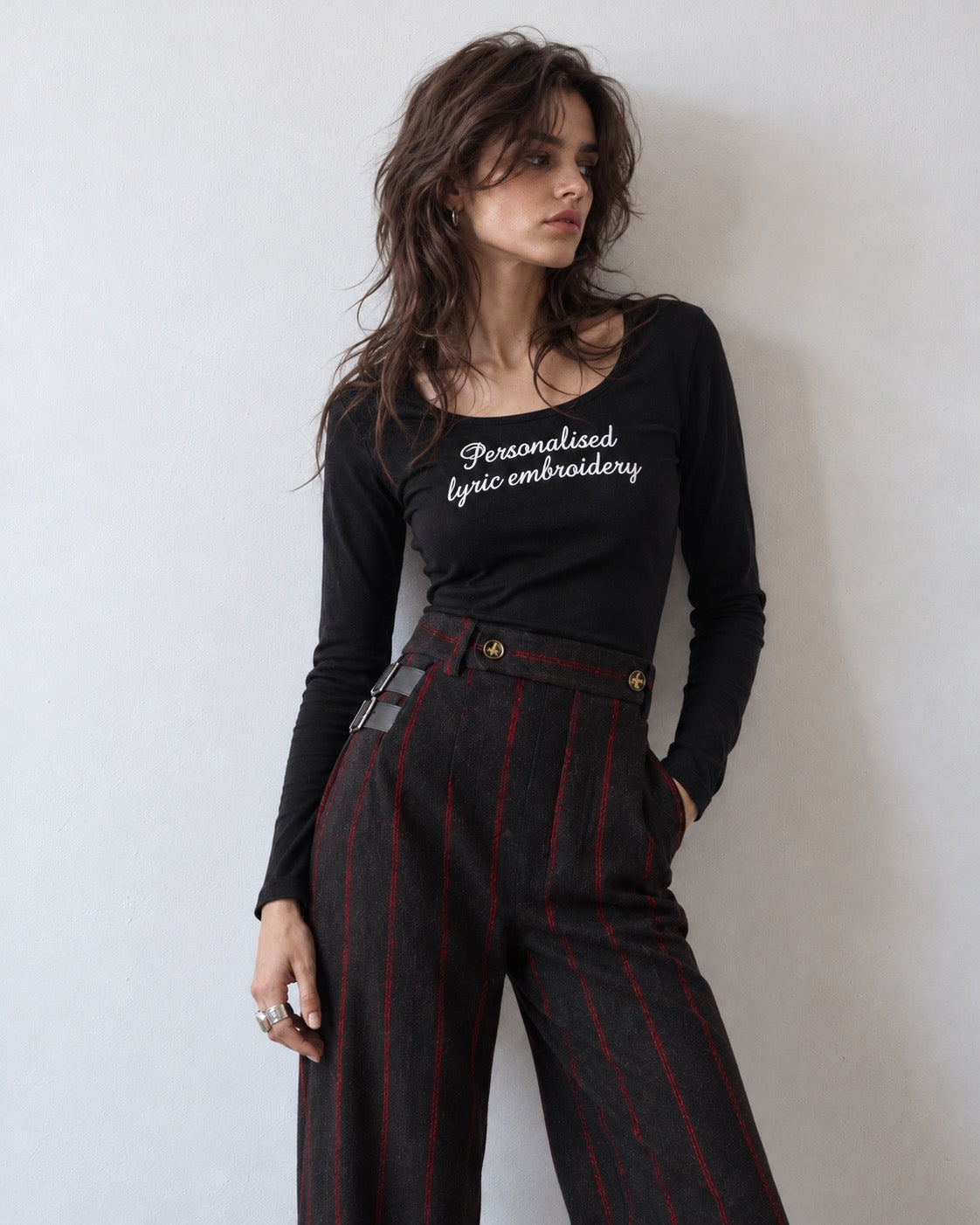 Personalised Lyric Centre Chest Embroidered premium organic iconic women's long sleeve 'Singer' t-shirt - choose your own lyrics, font and thread colour