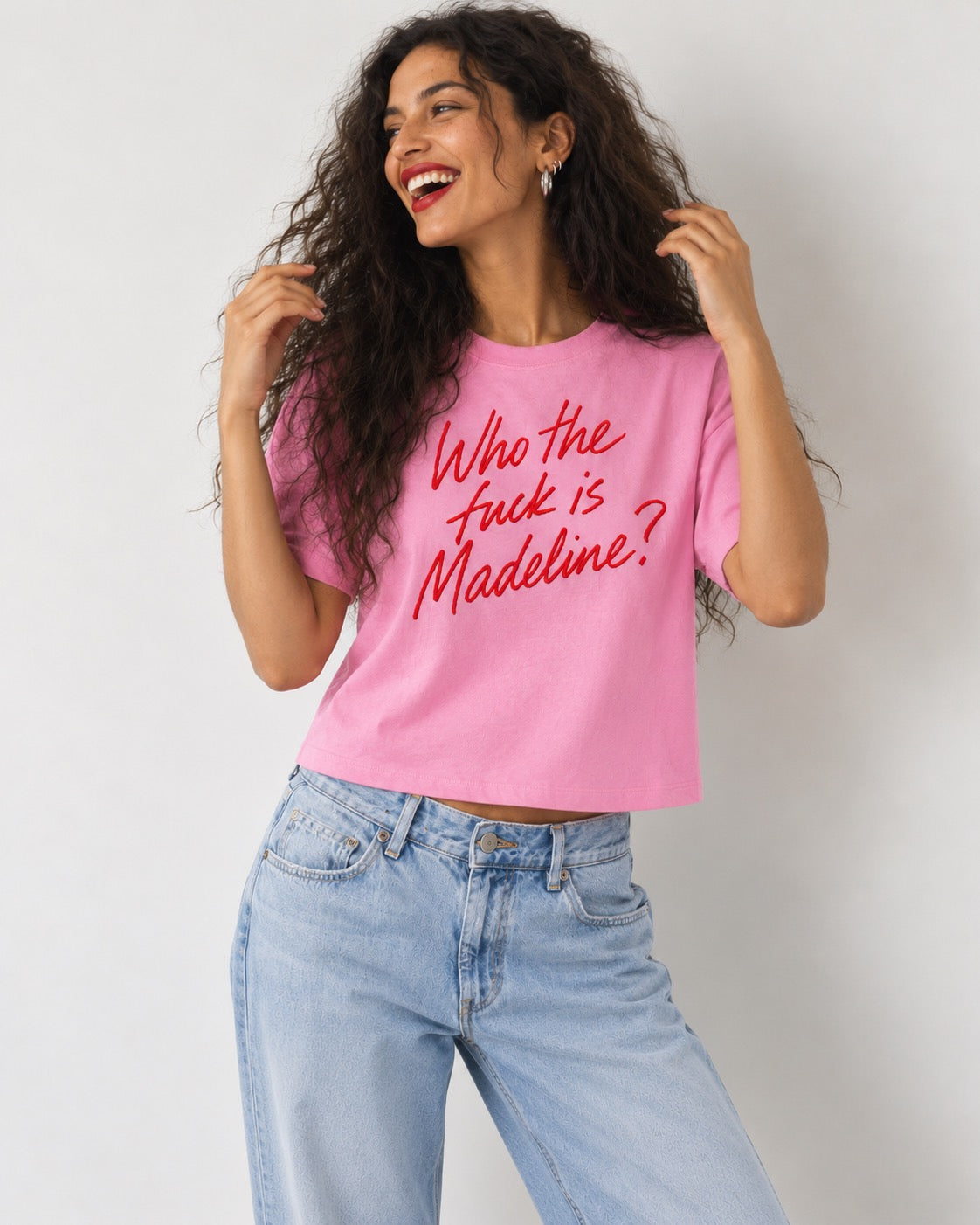 'WHO THE F CK IS MADELINE?' lipstick scrawl embroidered premium organic women's boxy 'nova' t-shirt