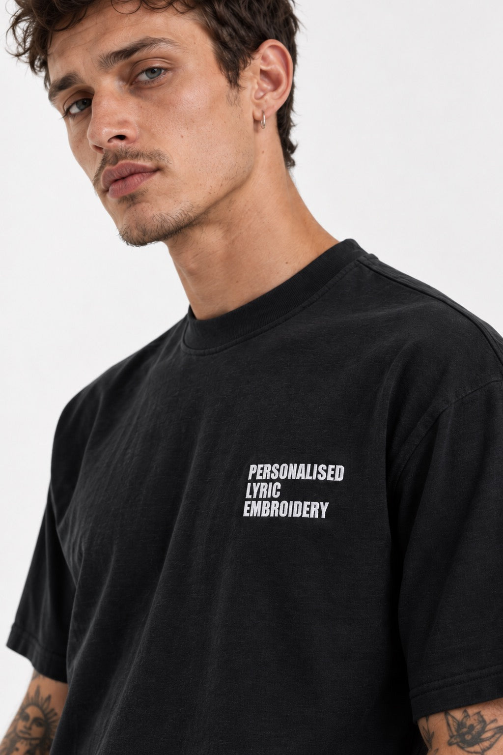 Personalised Lyric Left Chest Embroidered premium organic iconic men's 'Rocker' t-shirt - choose your own lyrics, font and thread colour