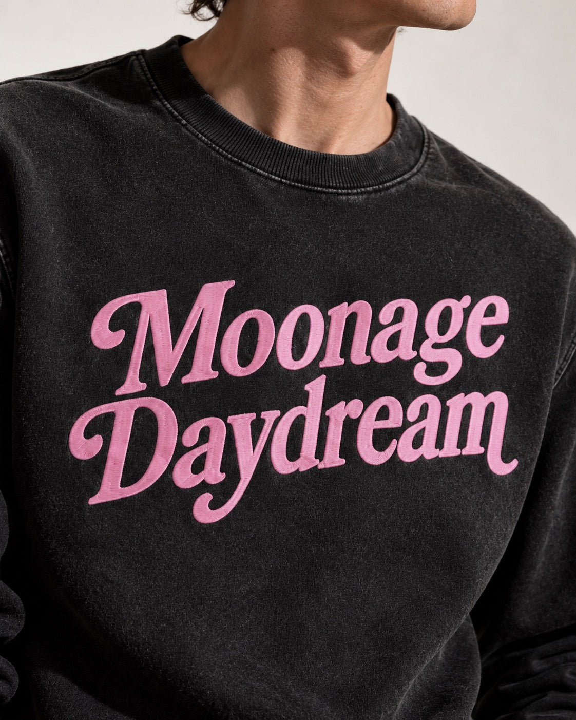 Men's 'MOONAGE DAYDREAM' embroidered organic 'Matcher' vintage aged sweatshirt