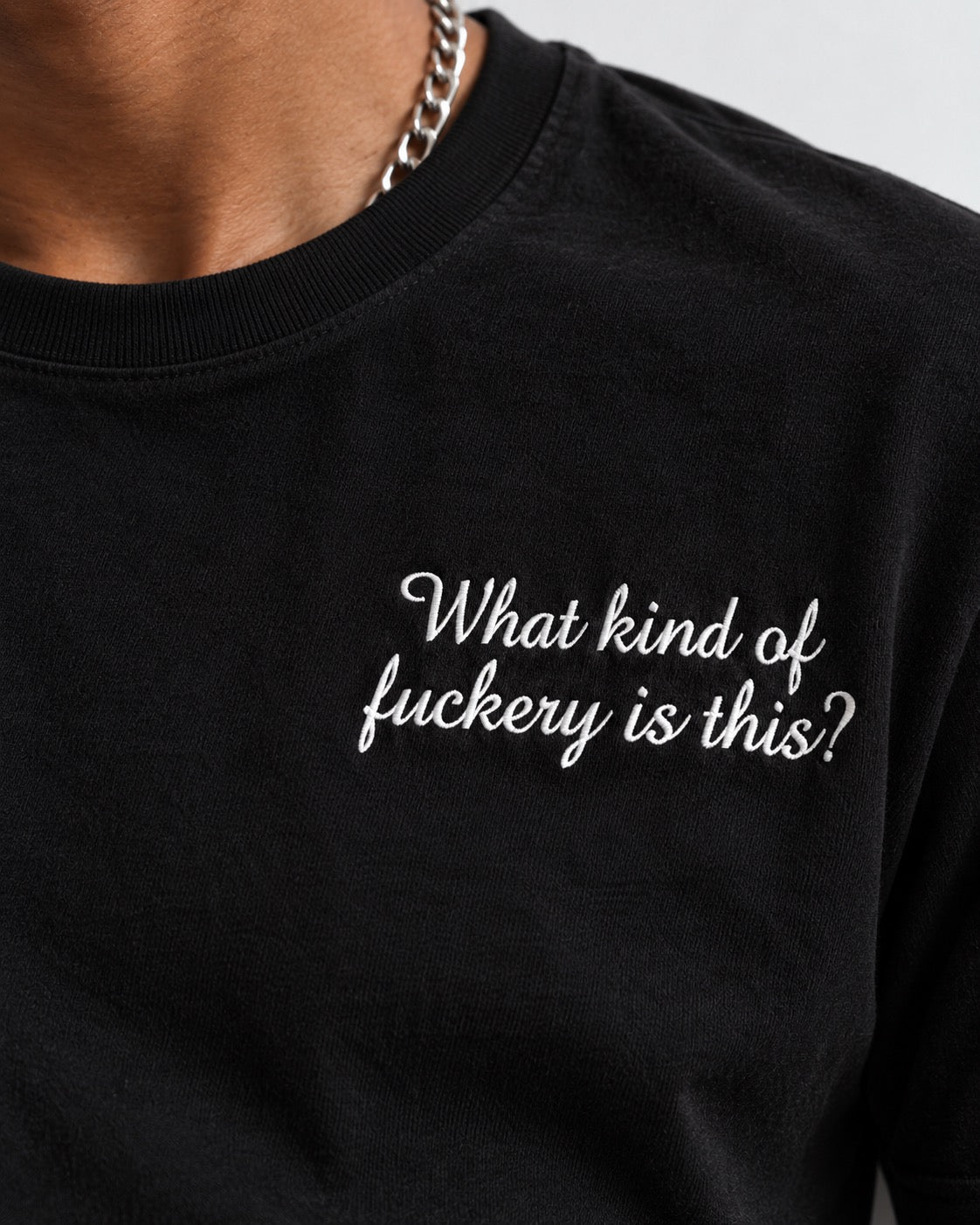 Men's 'WHAT KIND OF F CKERY IS THIS?' left chest embroidered premium organic classic fit 'Creator' t-shirt