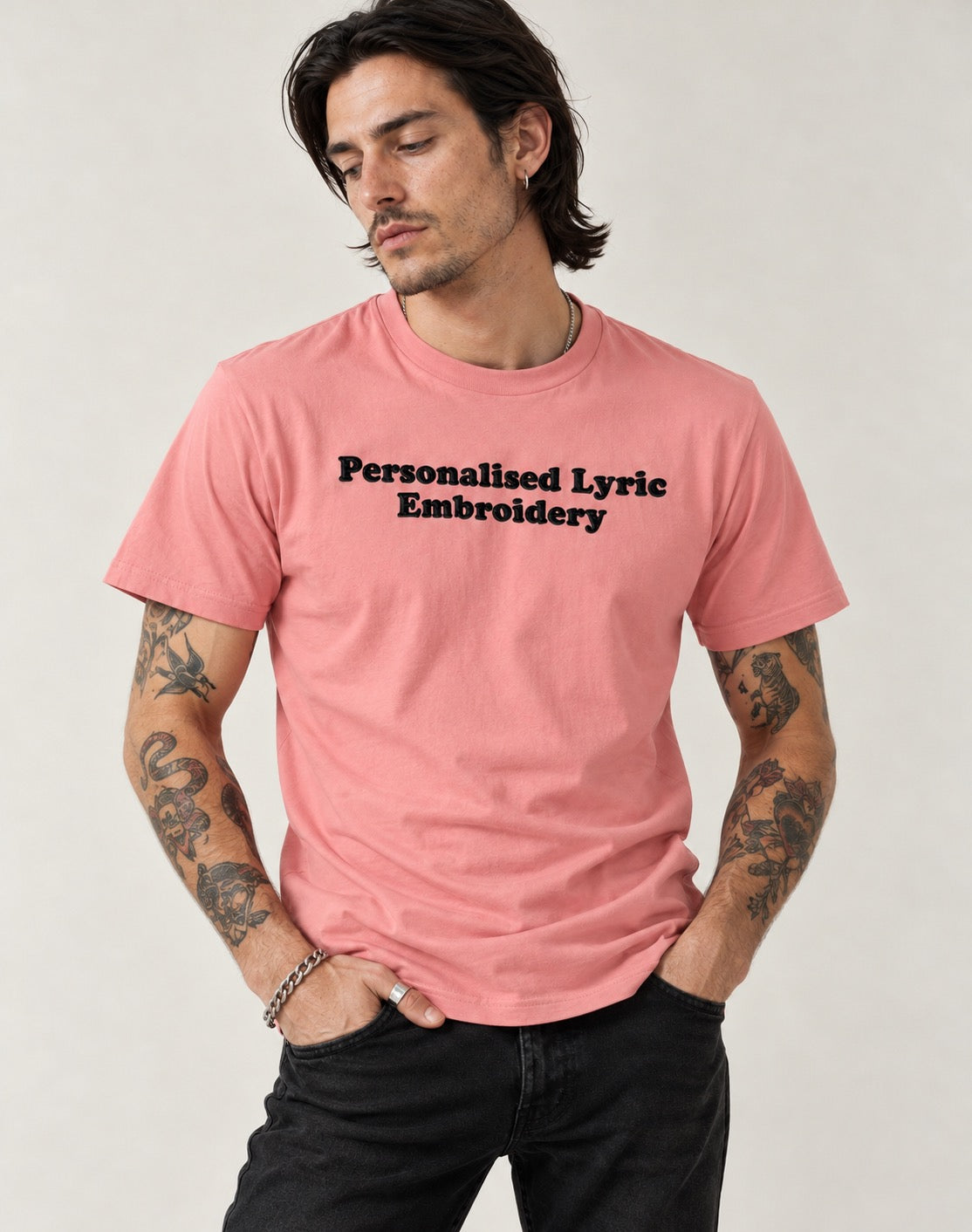 Personalised Lyric Centre Chest Embroidered premium organic iconic men's 'Rocker' t-shirt - choose your own lyrics, font and thread colour