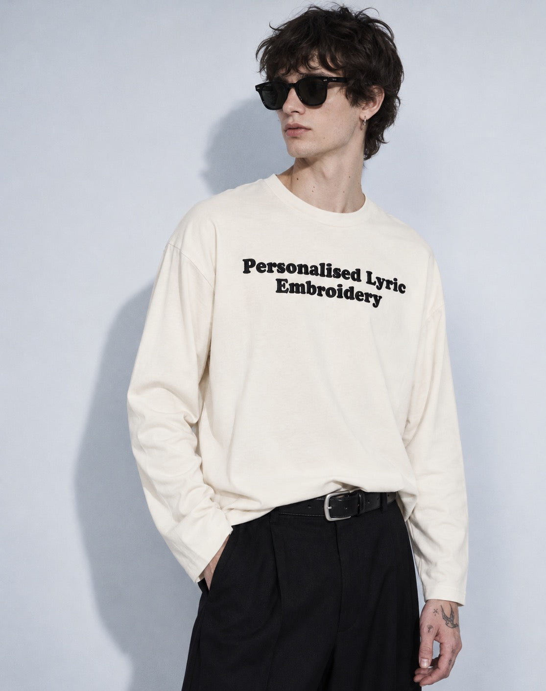 Men's Personalised Lyric Centre Chest Embroidered premium organic iconic Long Sleeve 'Creator 2.0' t-shirt - choose your own lyrics, font and thread colour