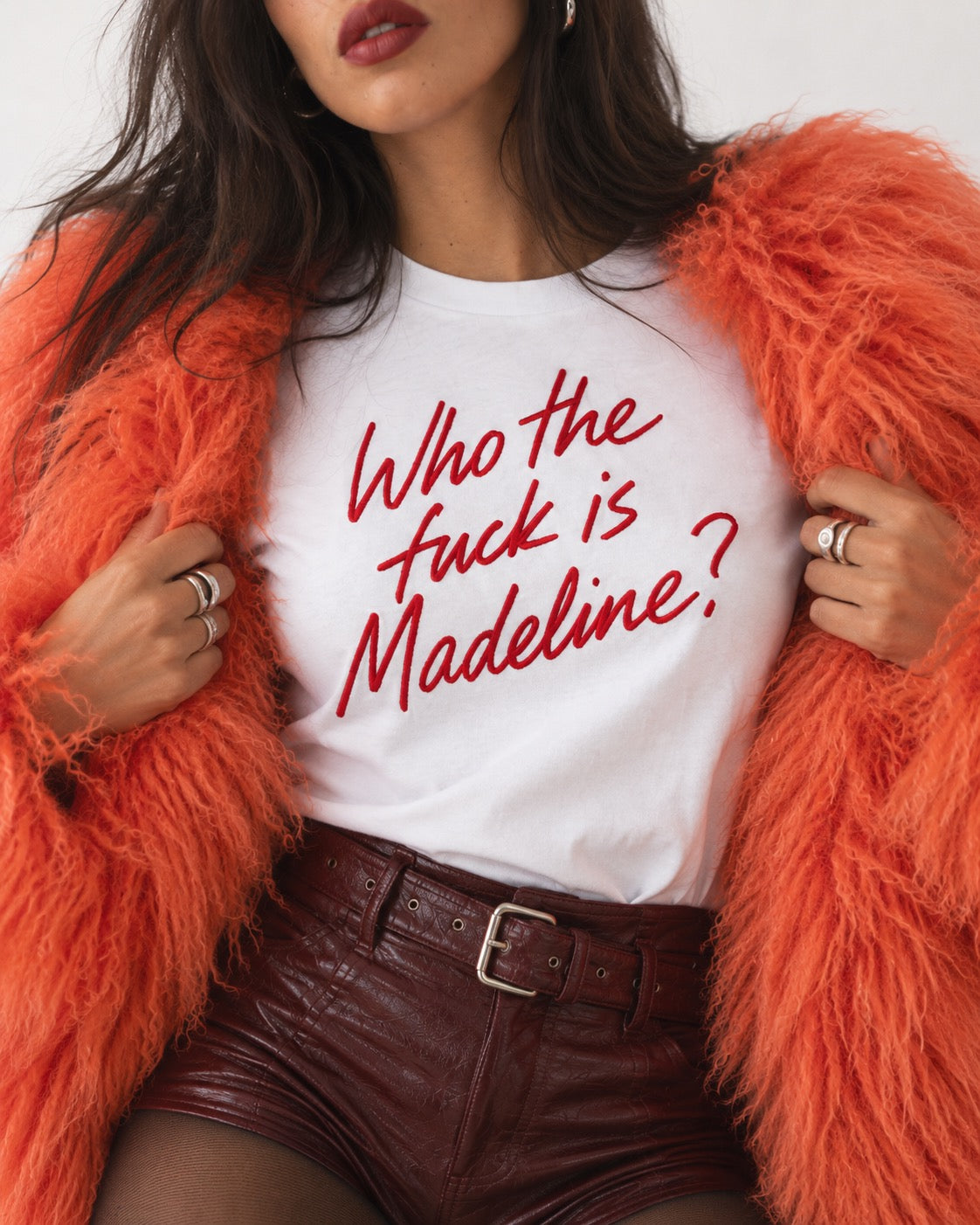 'WHO THE F CK IS MADELINE?' lipstick scrawl embroidered premium organic women's classic fit 'Muser' t-shirt
