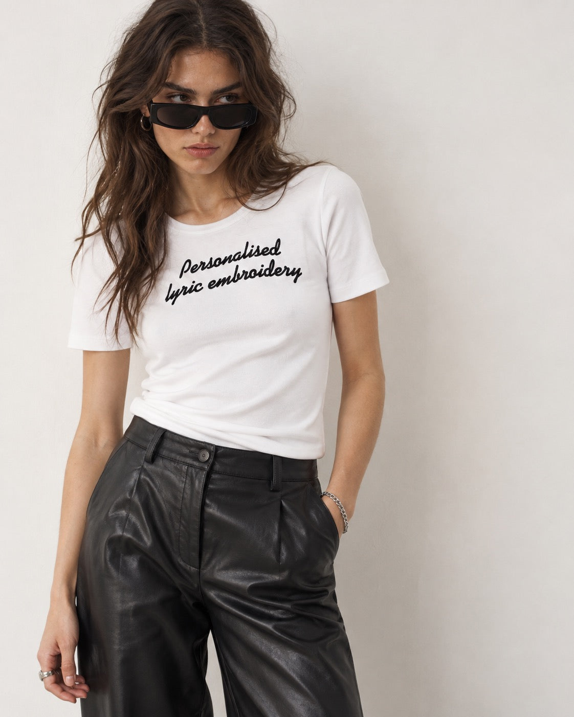 Personalised Lyric Centre Chest Embroidered premium organic iconic women's fitted 'Expresser' t-shirt - choose your own lyrics, font and thread colour