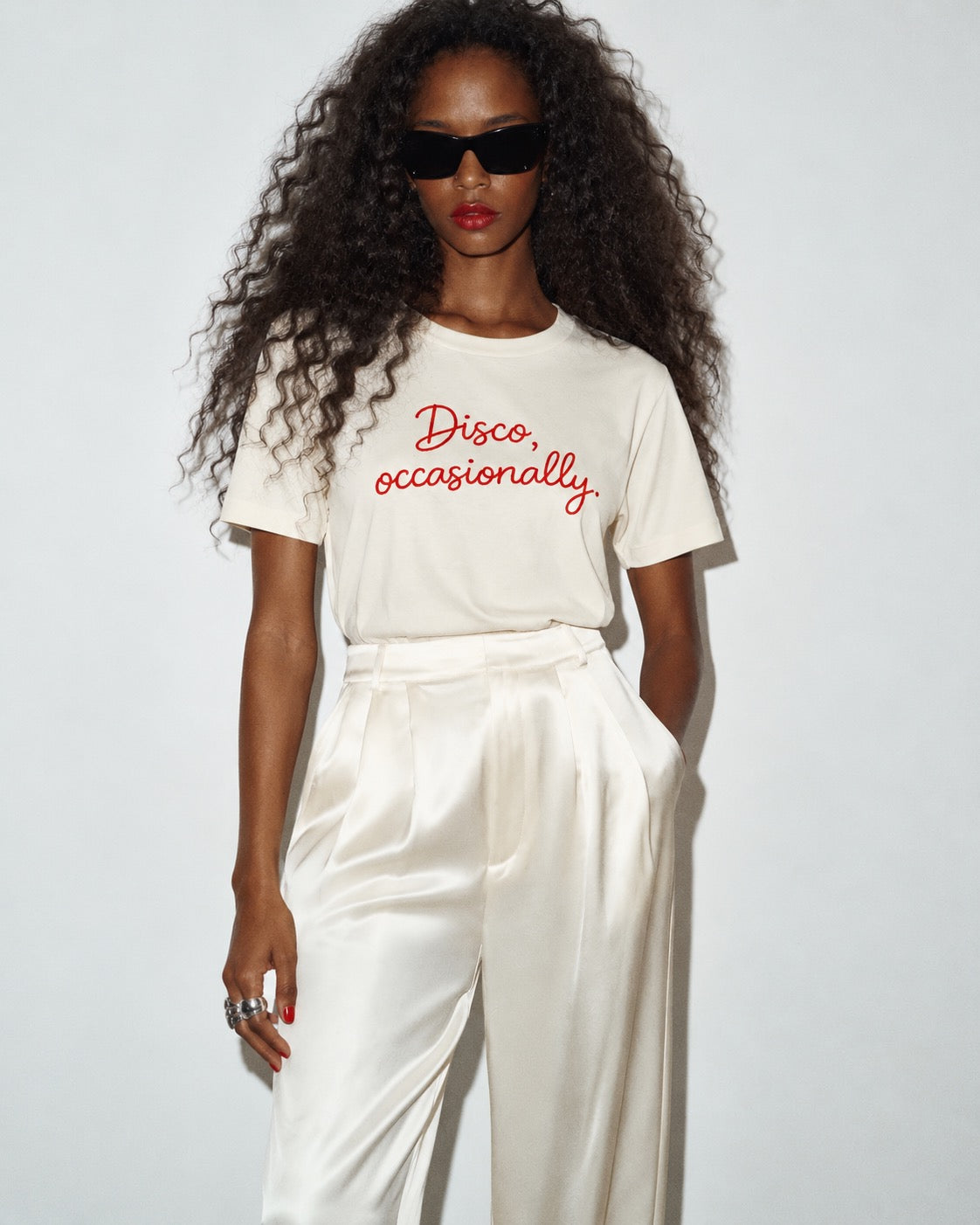 'DISCO, OCCASIONALLY' embroidered premium organic women's classic fit 'Muser' t-shirt