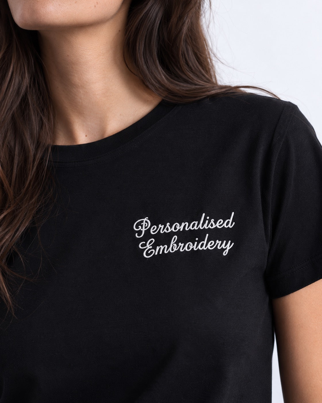 Personalised Lyric Left Chest Embroidered premium organic women's iconic mid-light 'Sienna' t-shirt - choose your own lyrics, font and thread colour