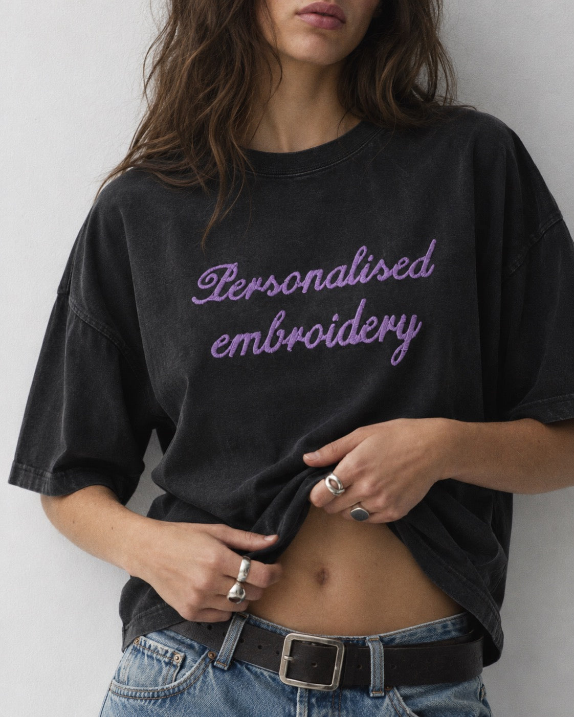 NEW Women's Personalised Lyric Centre Chest Embroidered premium organic women's boxy 'Nova Vintage' t-shirt - choose your own lyrics, font and thread colour