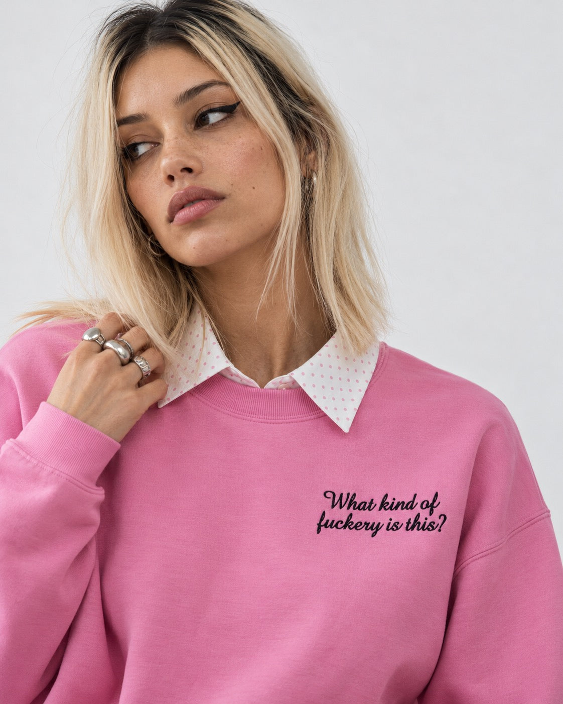 Women's 'WHAT KIND OF F CKERY IS THIS?' left chest embroidered premium organic women's drop shoulder 'Alma' sweatshirt