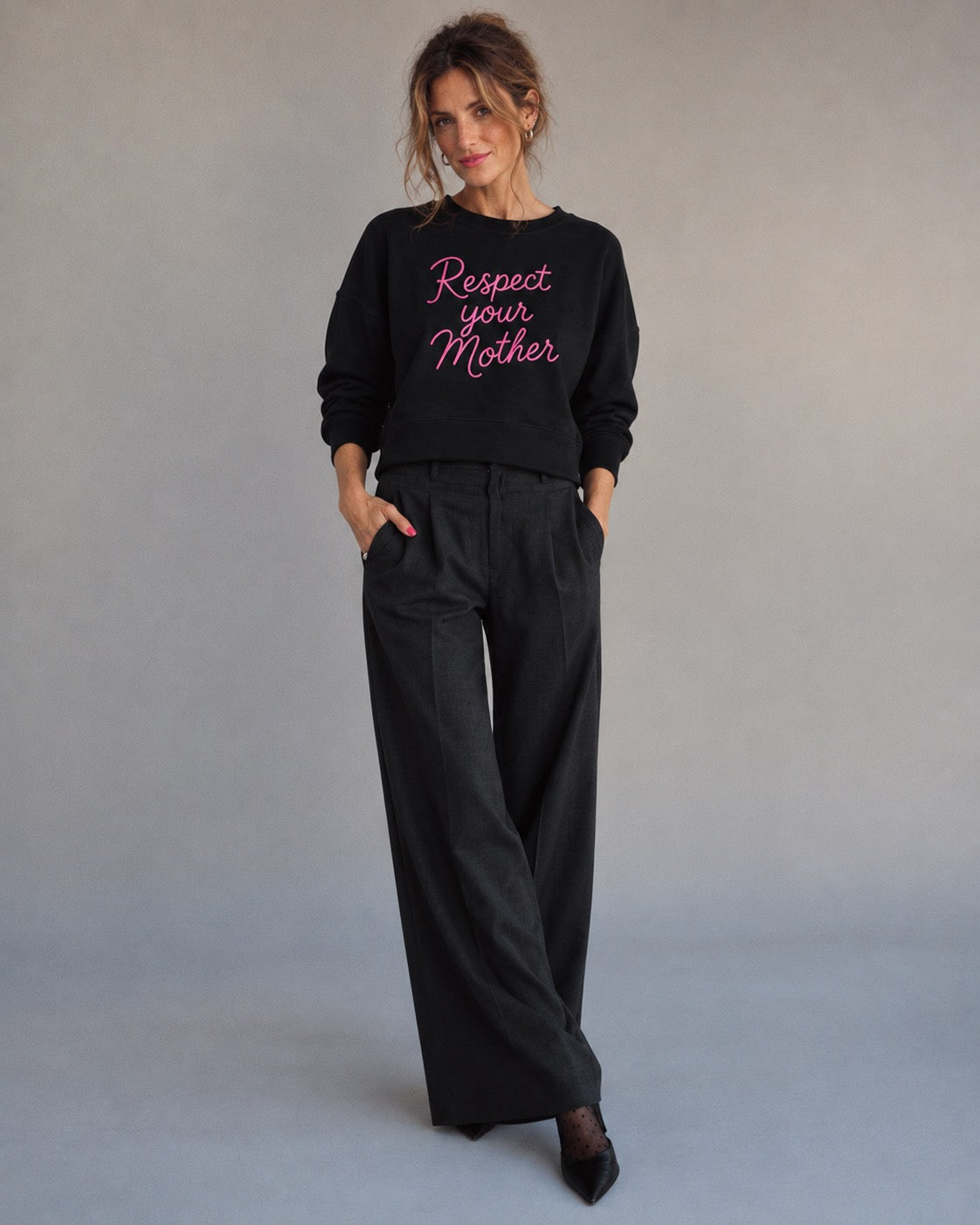 'RESPECT YOUR MOTHER' embroidered organic women's dropped shoulder 'Alma' sweatshirt