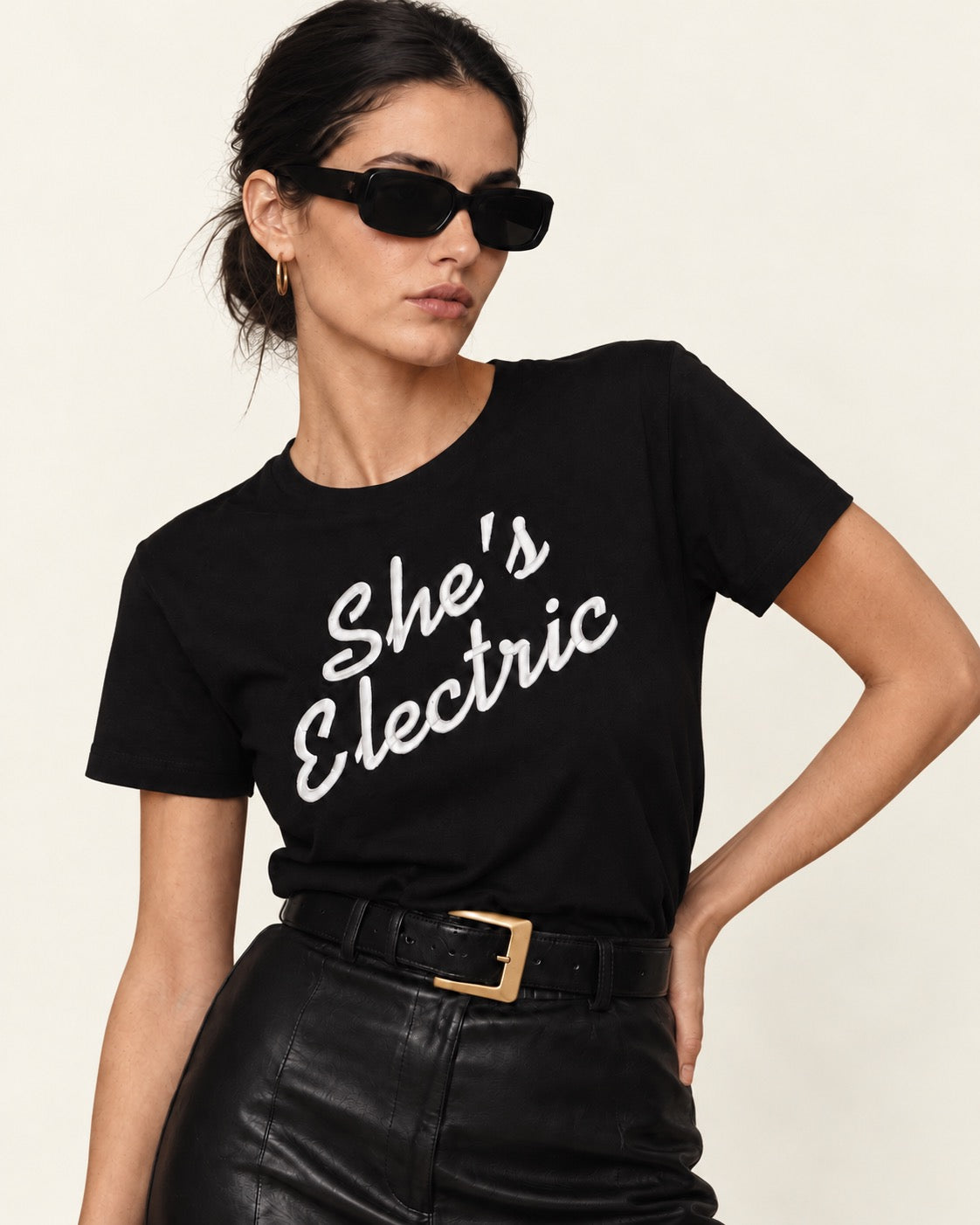 'SHE'S ELECTRIC' retro slogan embroidered premium organic women's classic fit 'Muser' t-shirt - sizes XS-5XL
