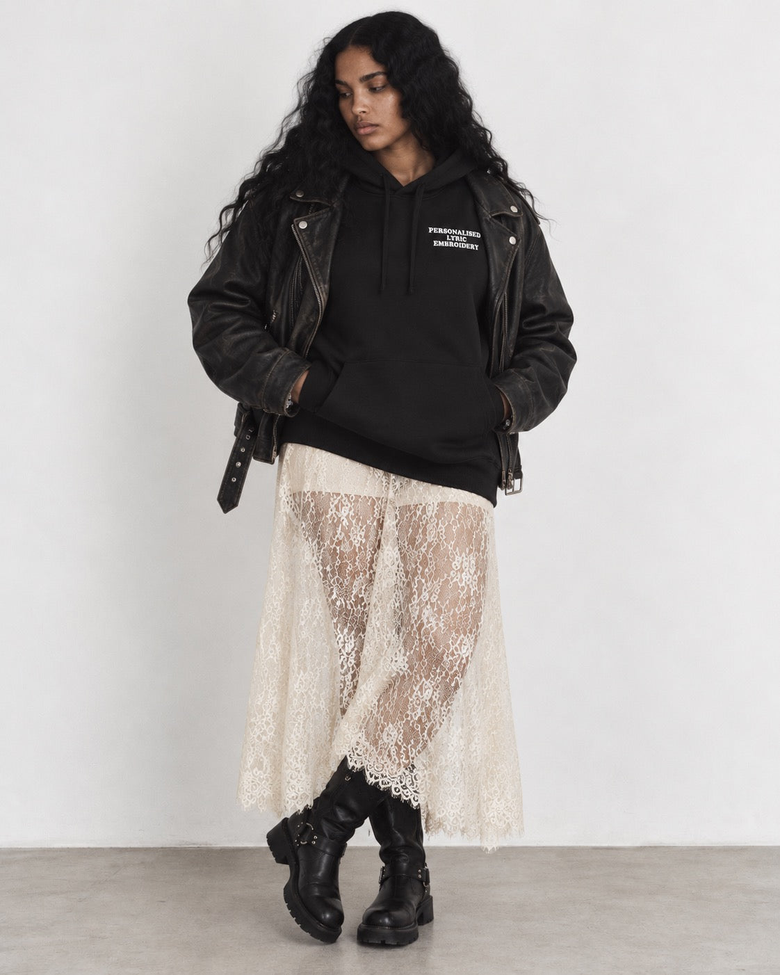 Women's Personalised Lyric Left Chest Embroidered premium organic unisex iconic 'Drummer' hoodie