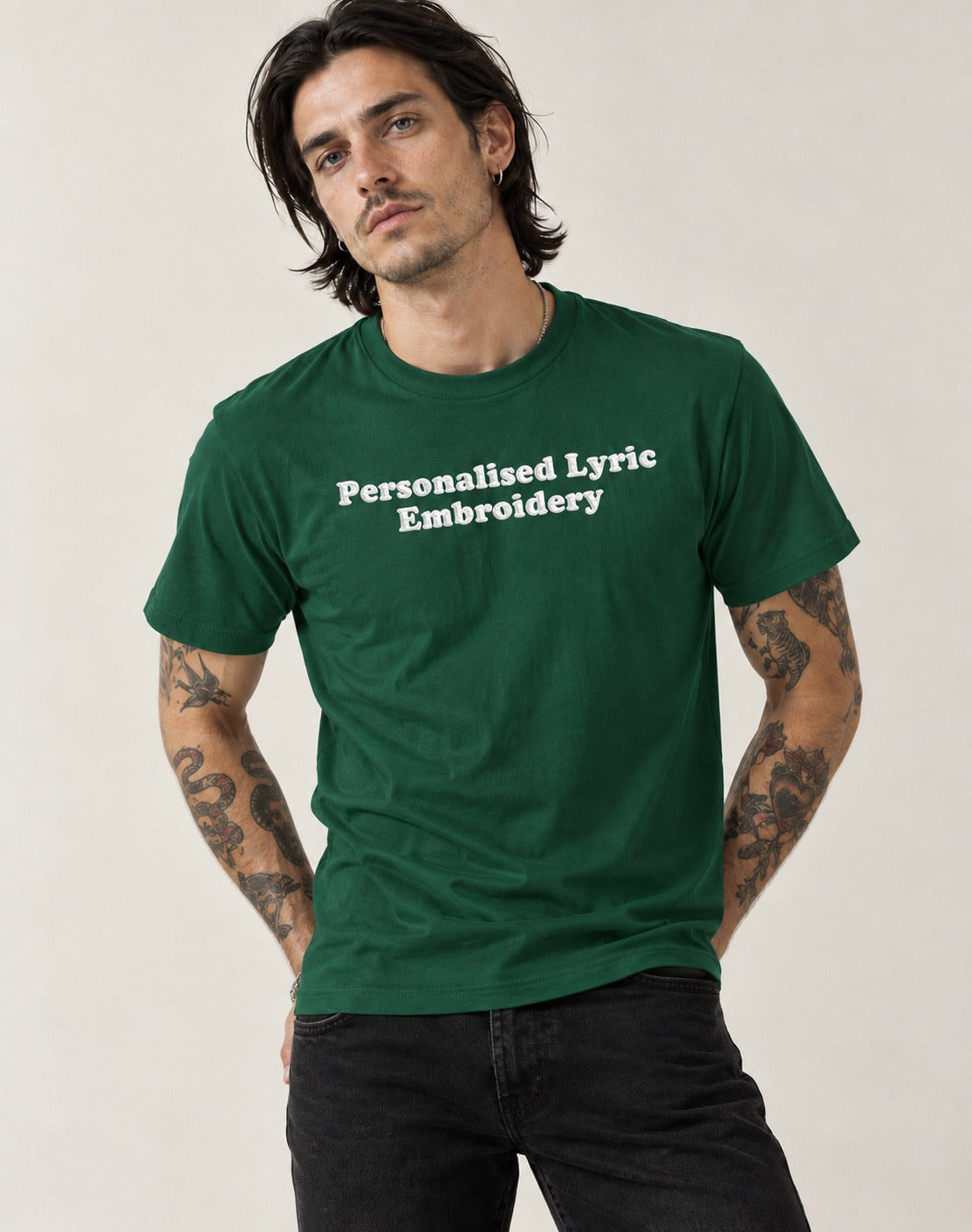 Personalised Lyric Centre Chest Embroidered premium organic iconic men's 'Rocker' t-shirt - choose your own lyrics, font and thread colour