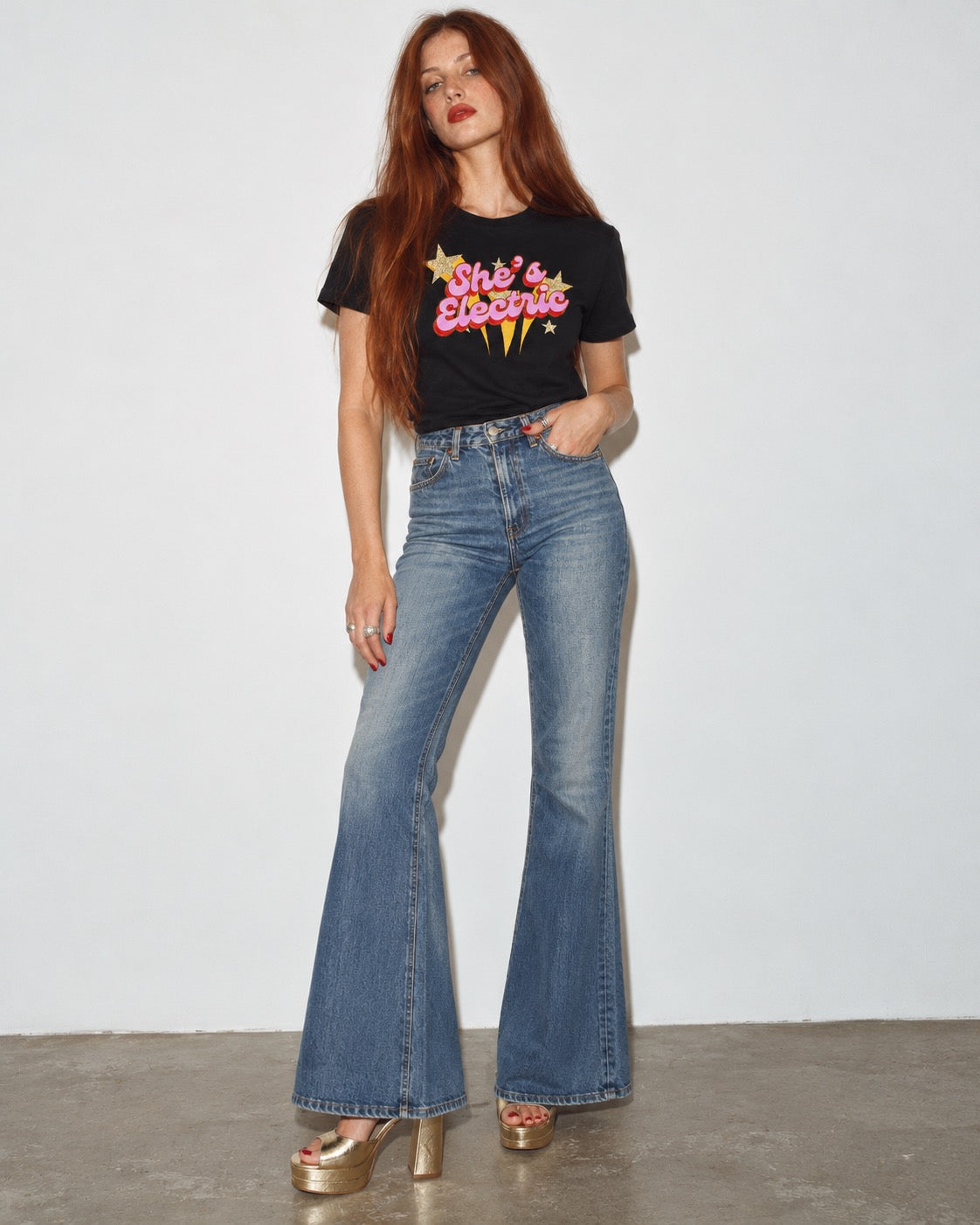 'SHE'S ELECTRIC' 70s Glam embroidered premium organic iconic women's 'Muser' t-shirt with glitter embroidery - Inspired by Oasis