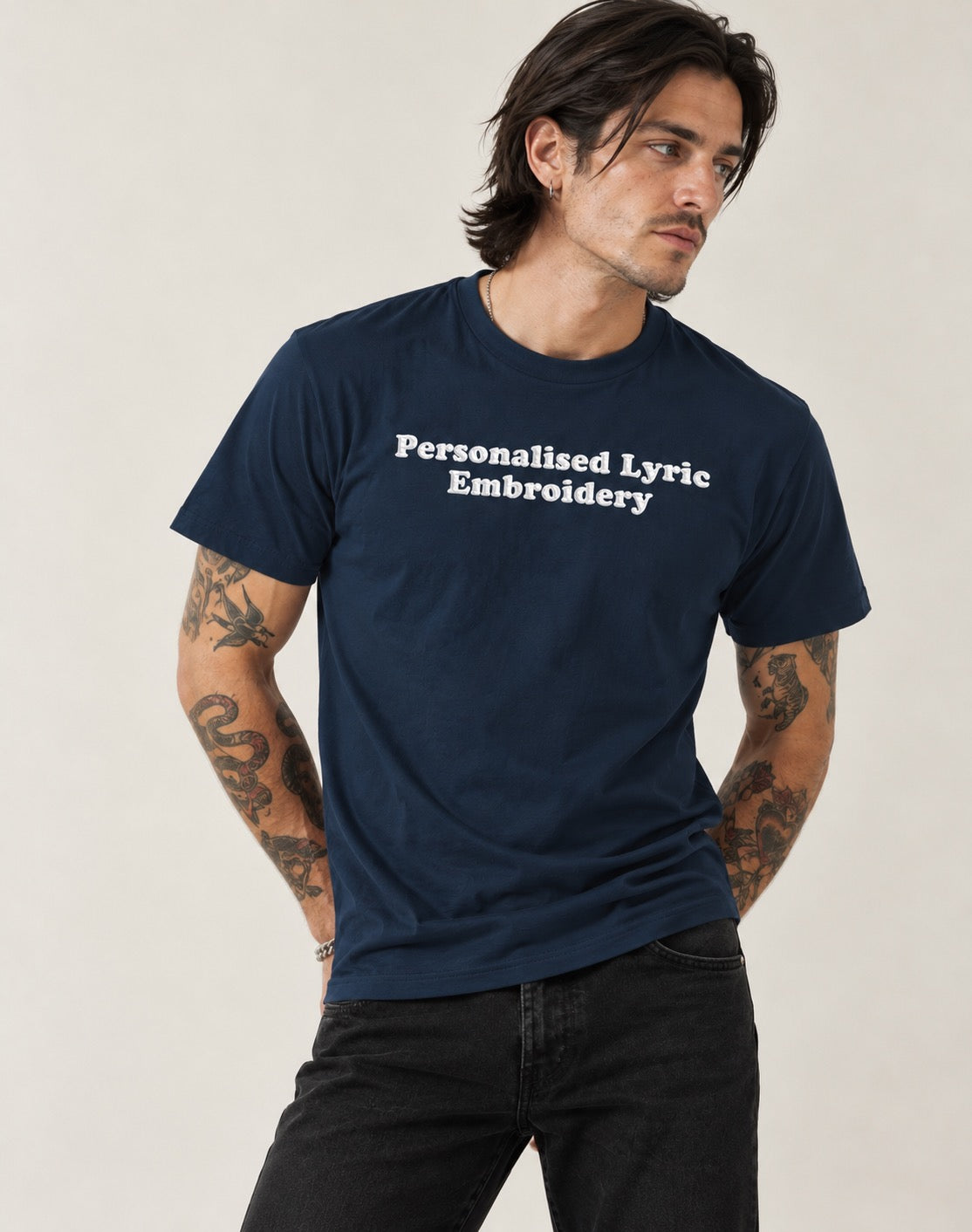 Personalised Lyric Centre Chest Embroidered premium organic iconic men's 'Rocker' t-shirt - choose your own lyrics, font and thread colour