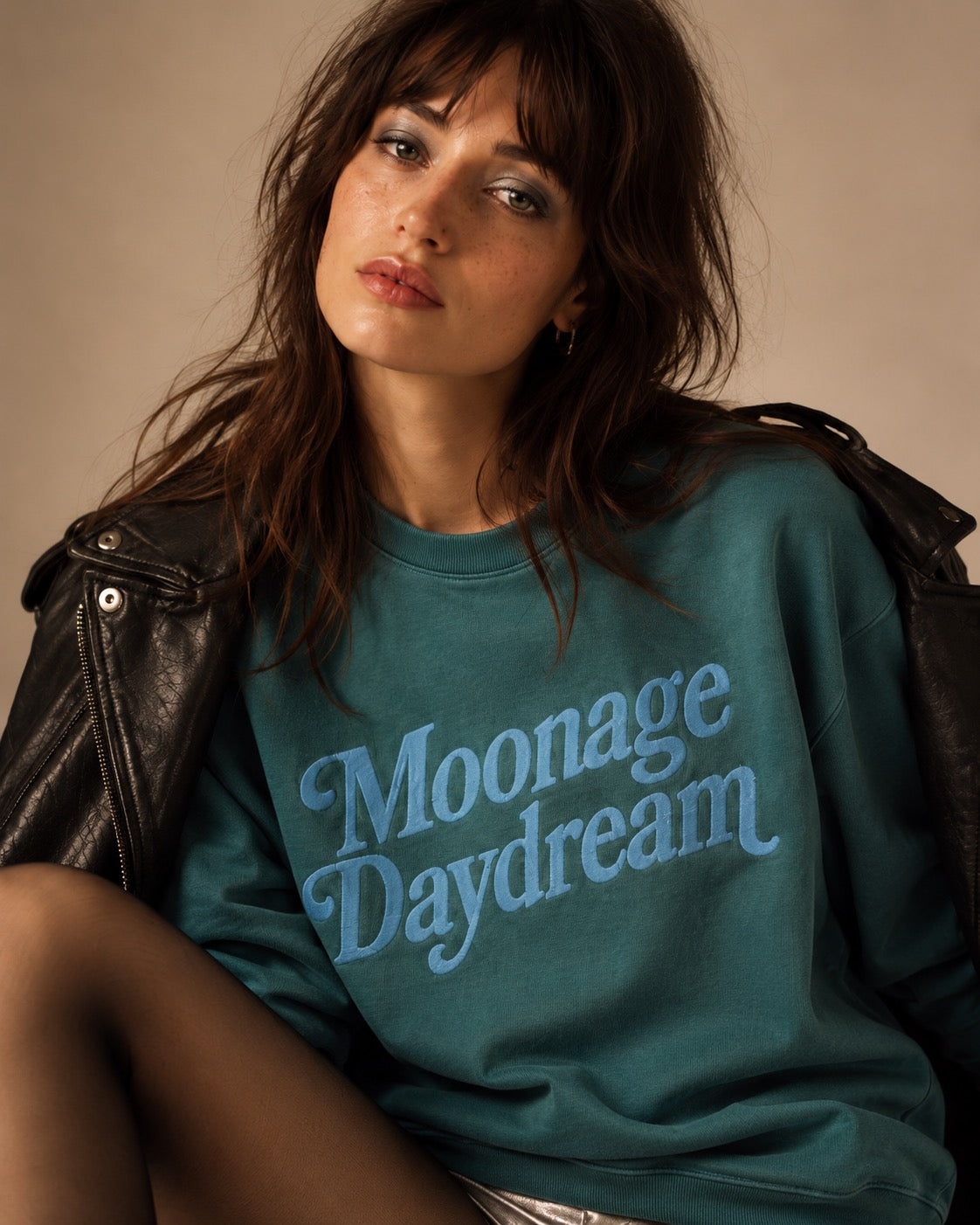 Women's 'MOONAGE DAYDREAM' embroidered organic 'Matcher' vintage aged sweatshirt