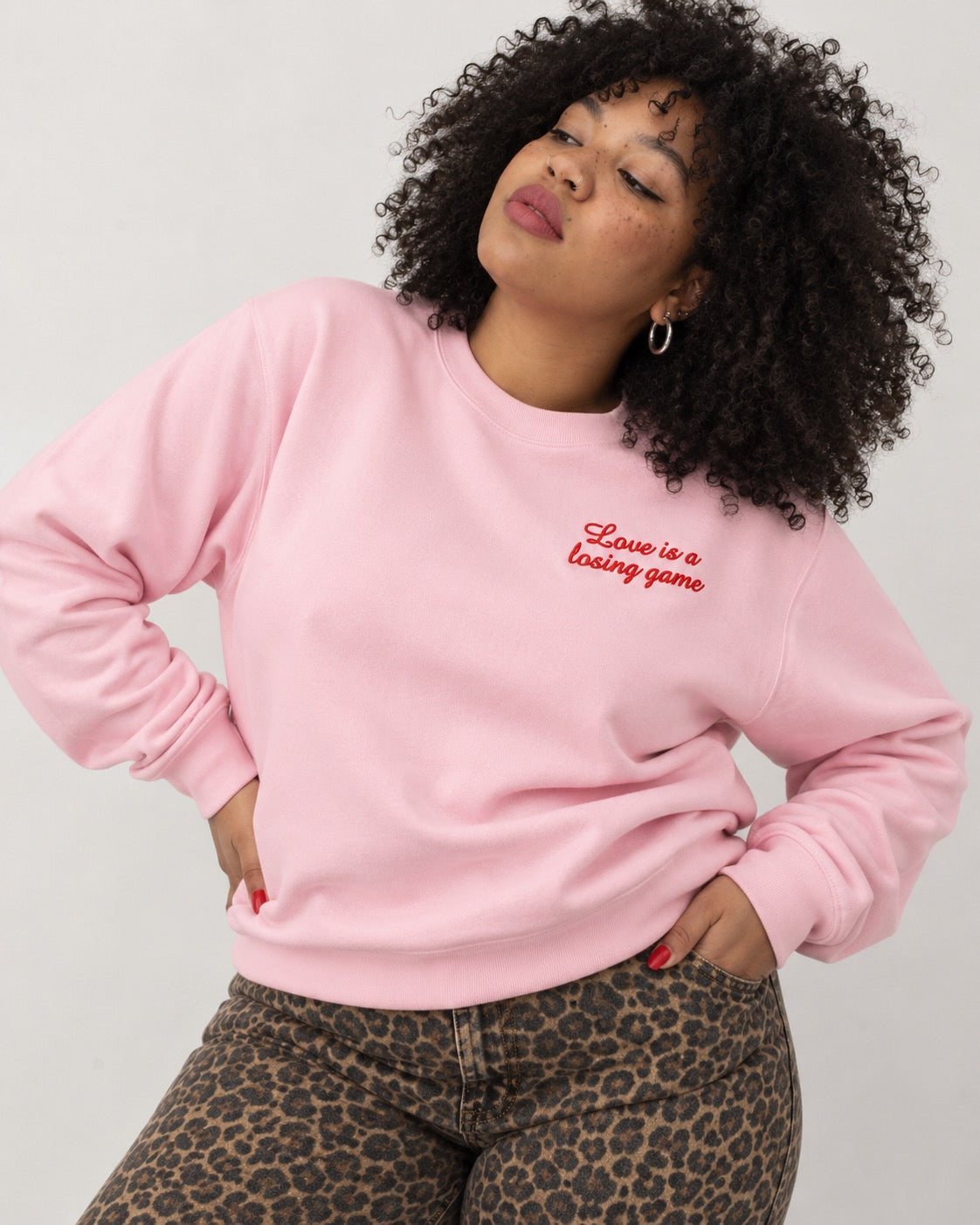 Women's 'LOVE IS A LOSING GAME' left chest embroidered premium organic cotton 'Changer' sweatshirt - EXTENDED SIZING