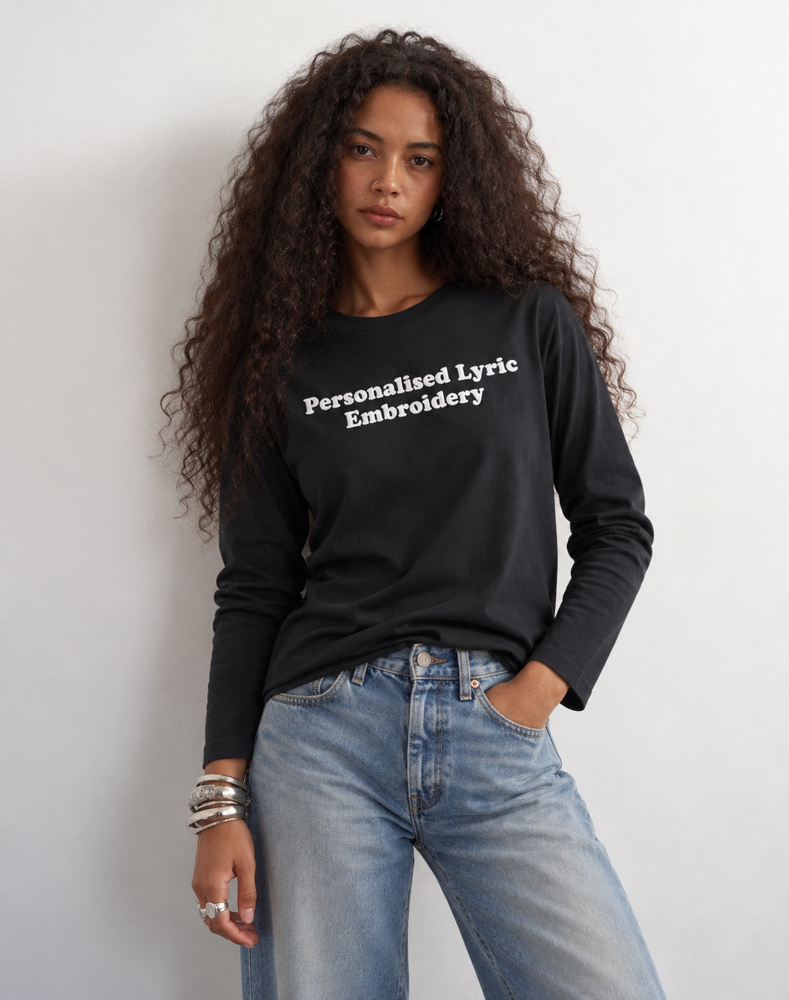 Women's Personalised Lyric Centre Chest Embroidered premium organic iconic Long Sleeve 'Creator 2.0' t-shirt - choose your own lyrics, font and thread colour