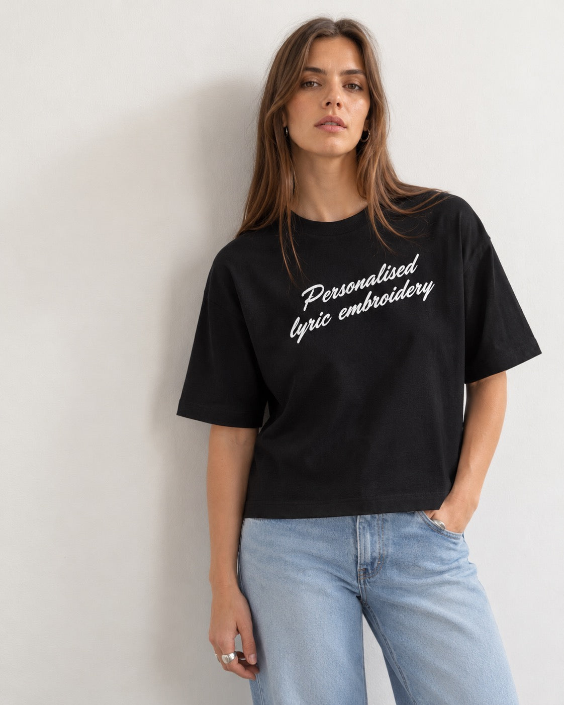 Personalised Lyric Centre Chest Embroidered premium organic women's boxy 'Nova' t-shirt - choose your own lyrics, font and thread colour