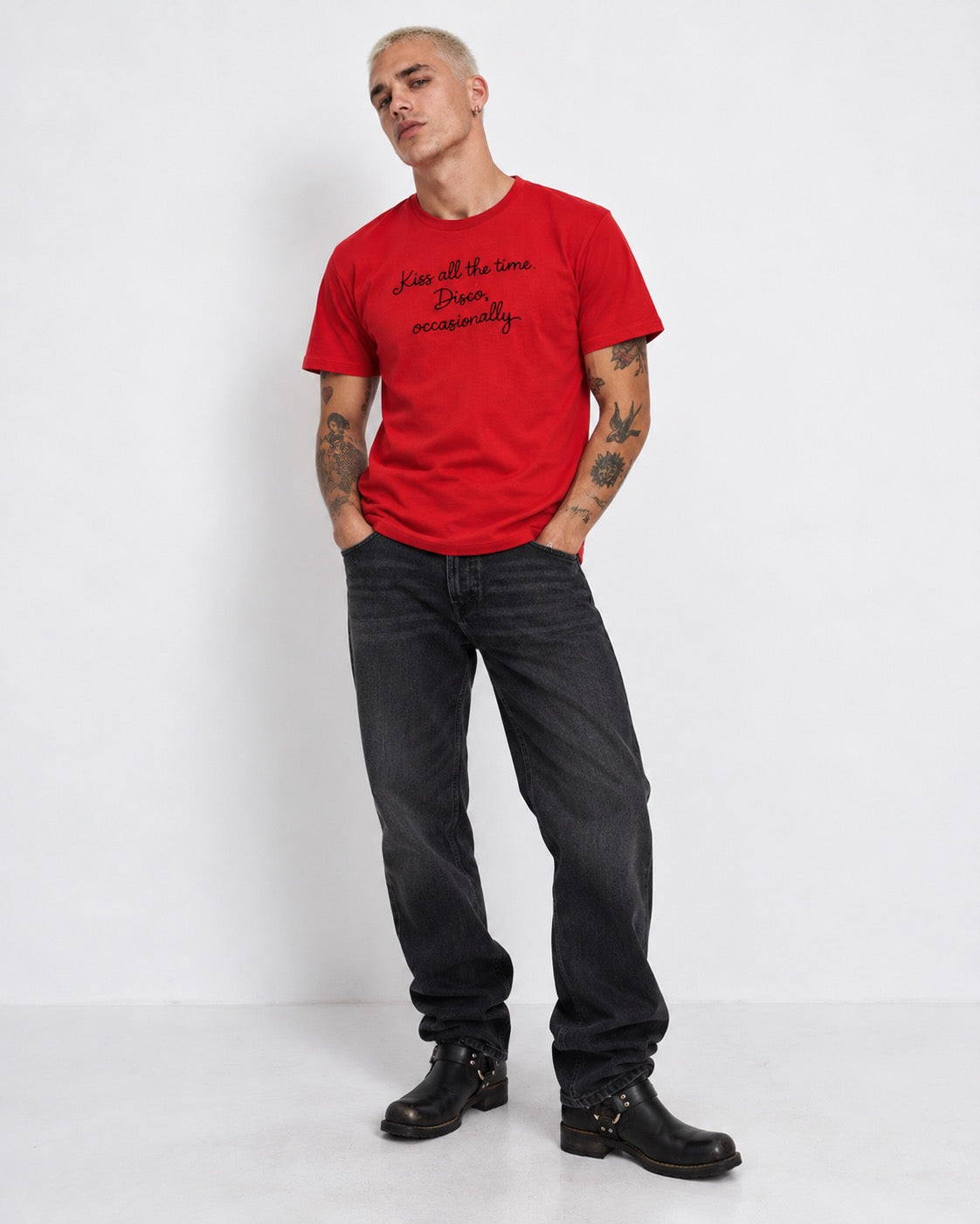 Men's 'KISS ALL THE TIME, DISCO OCCASIONALLY' embroidered premium organic 'Creator' t-shirt