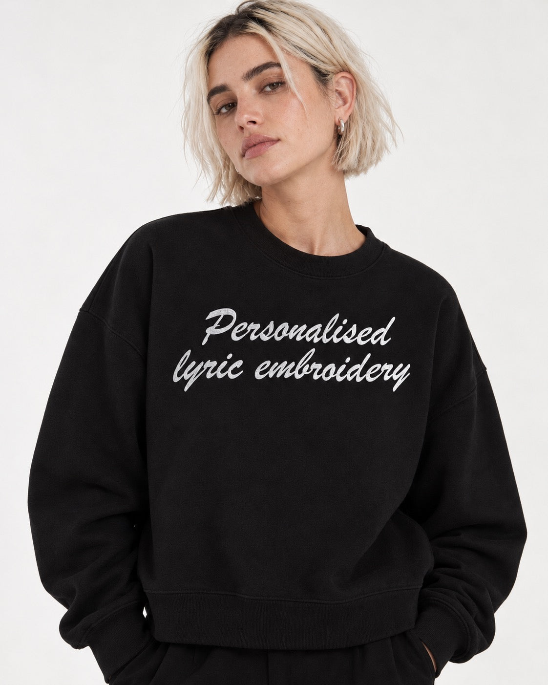 Personalised Lyric Centre Chest Embroidered premium organic women's drop shoulder 'Alma' sweatshirt - choose your own lyrics, font and thread colour