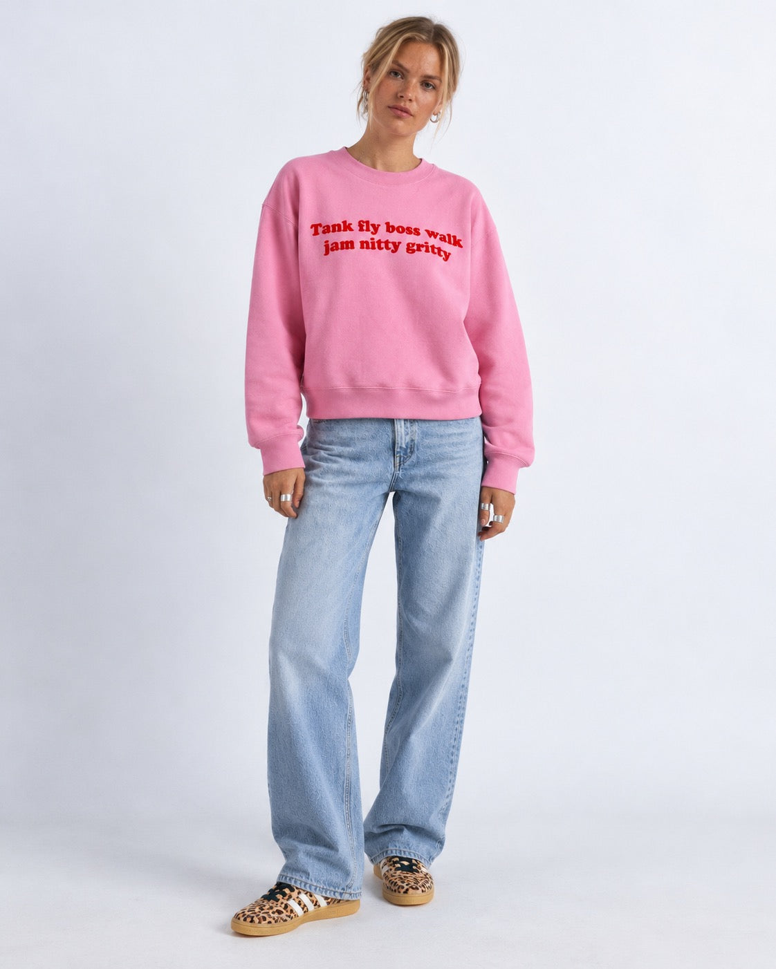 'TANK FLY BOSS WALK JAM NITTY GRITTY' 1990's style embroidered organic women's dropped shoulder 'Alma' sweatshirt
