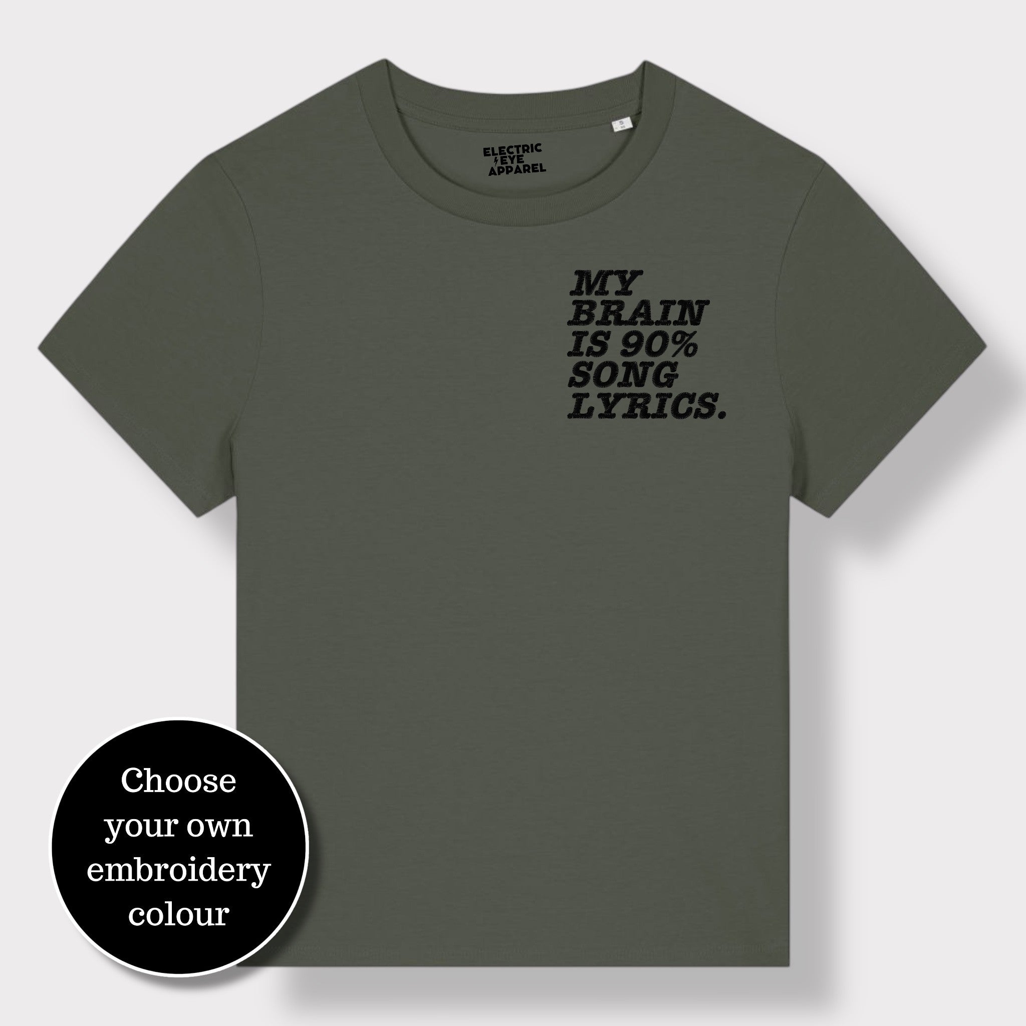 'MY BRAIN IS 90% SONG LYRICS' women's left chest embroidered premium organic medium fit 'Muser' t-shirt