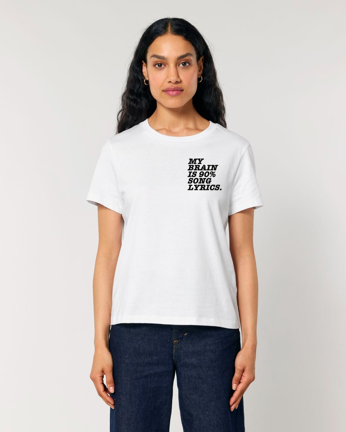 'MY BRAIN IS 90% SONG LYRICS' women's left chest embroidered premium organic medium fit 'Muser' t-shirt