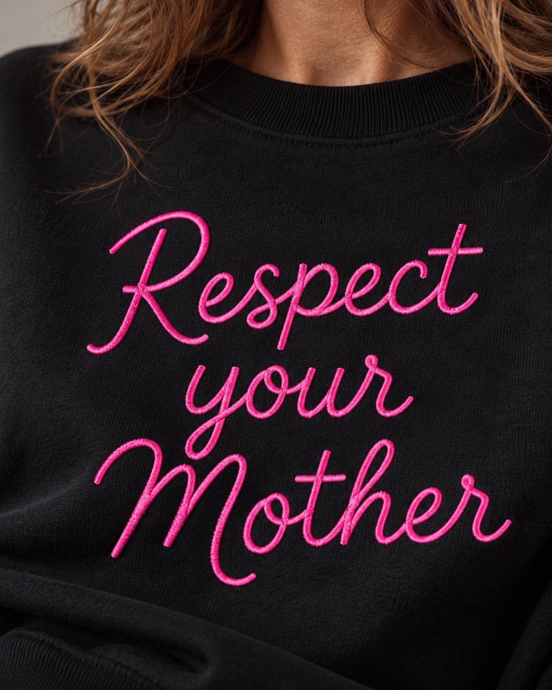 'RESPECT YOUR MOTHER' embroidered organic women's dropped shoulder 'Alma' sweatshirt