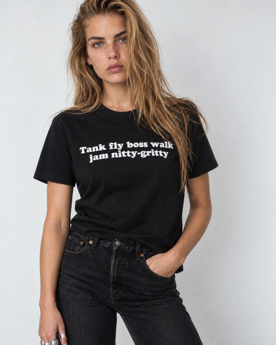 'TANK FLY BOSS WALK JAM NITTY-GRITTY' 1990's inspired embroidered organic women's 'muser' t-shirt.