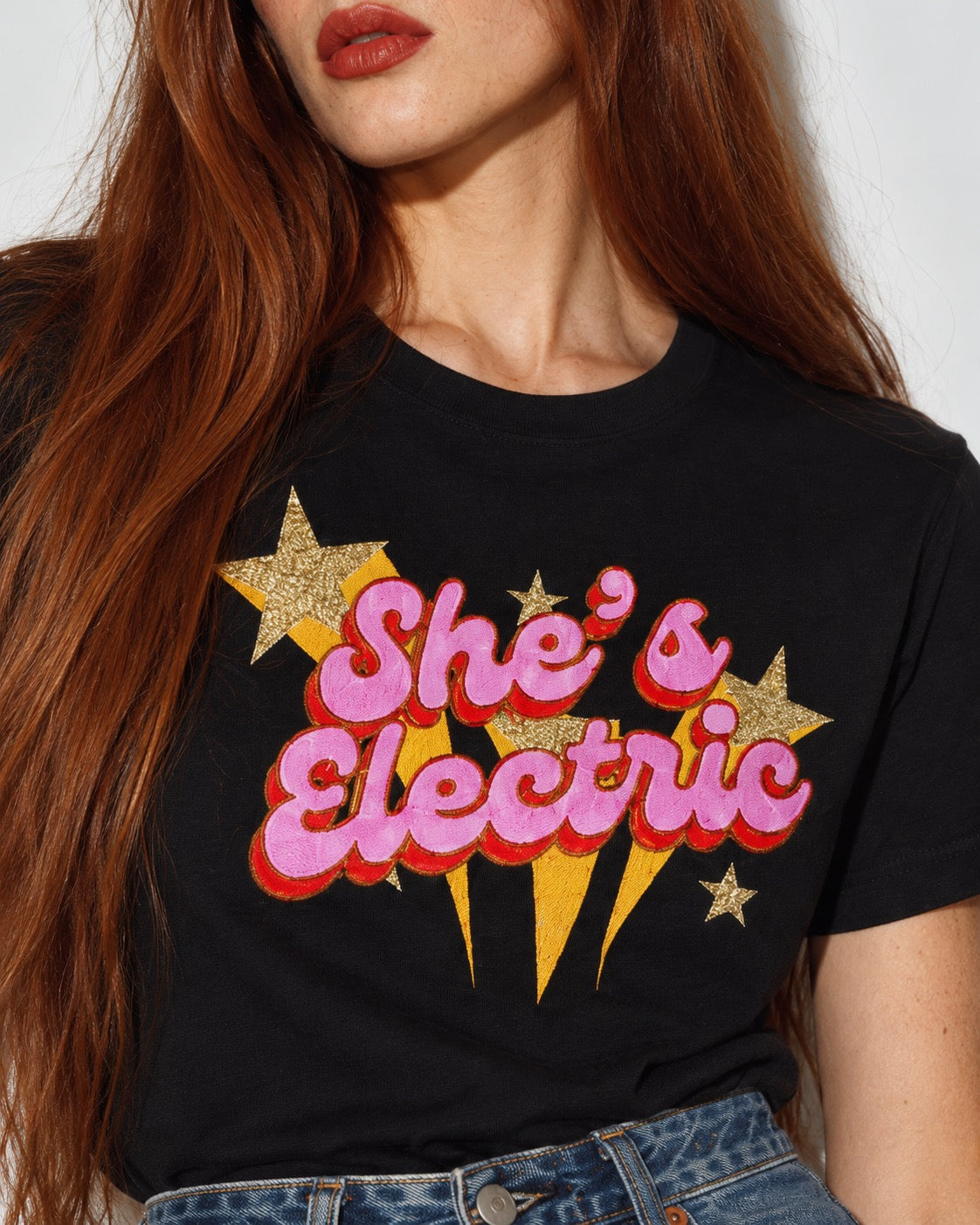 'SHE'S ELECTRIC' 70s Glam embroidered premium organic iconic women's 'Muser' t-shirt with glitter embroidery - Inspired by Oasis